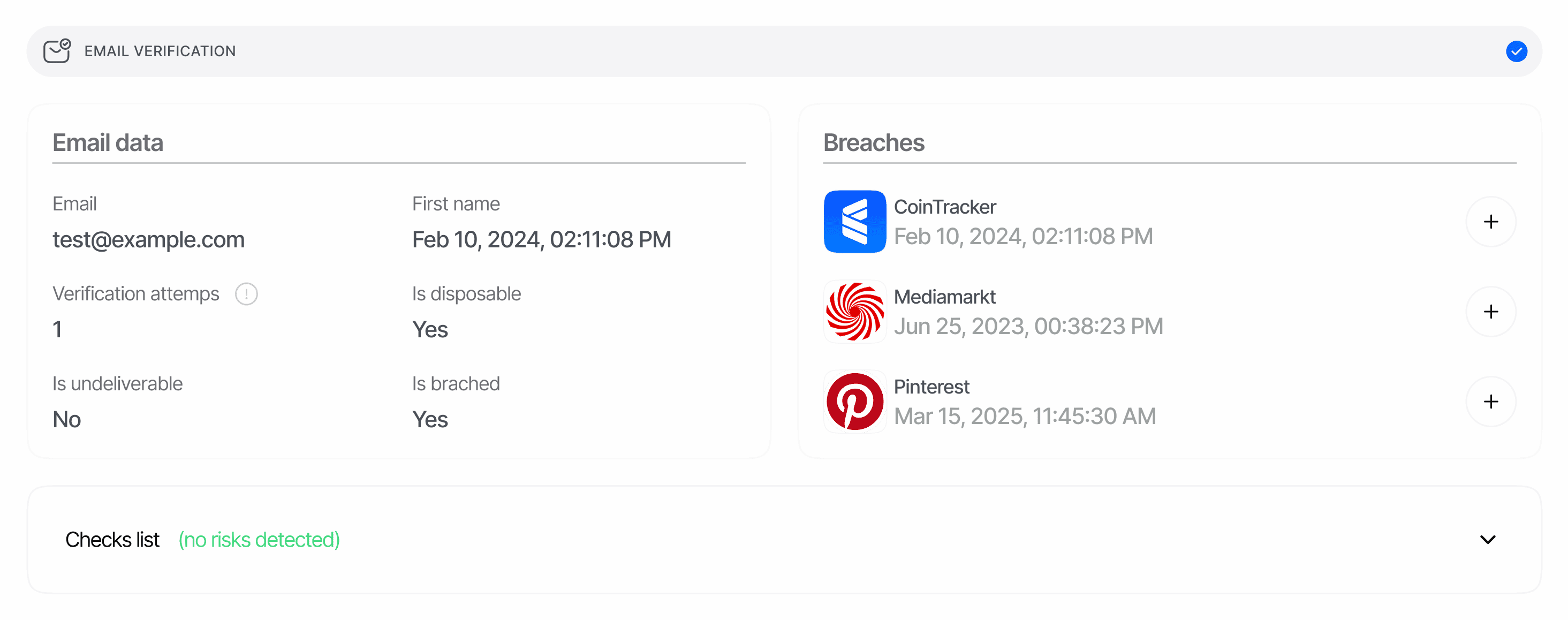 Didit email verification report showing OTP outcome, breach data and risk flags