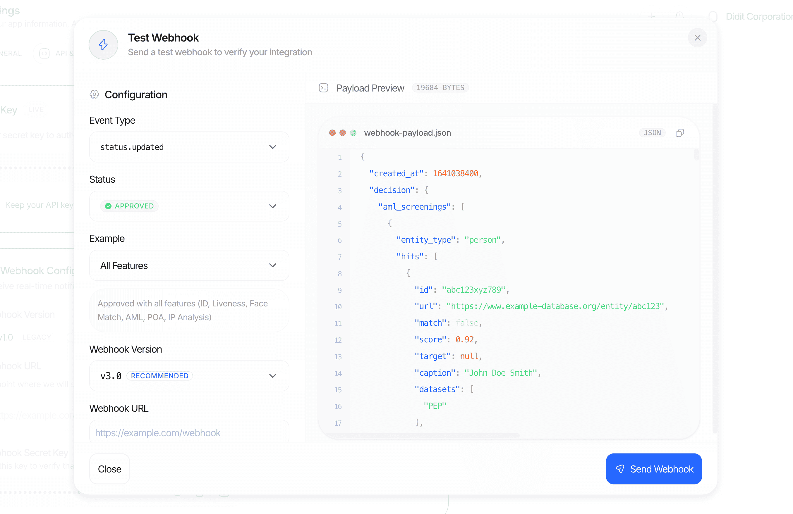 Didit webhook testing feature in the Business Console