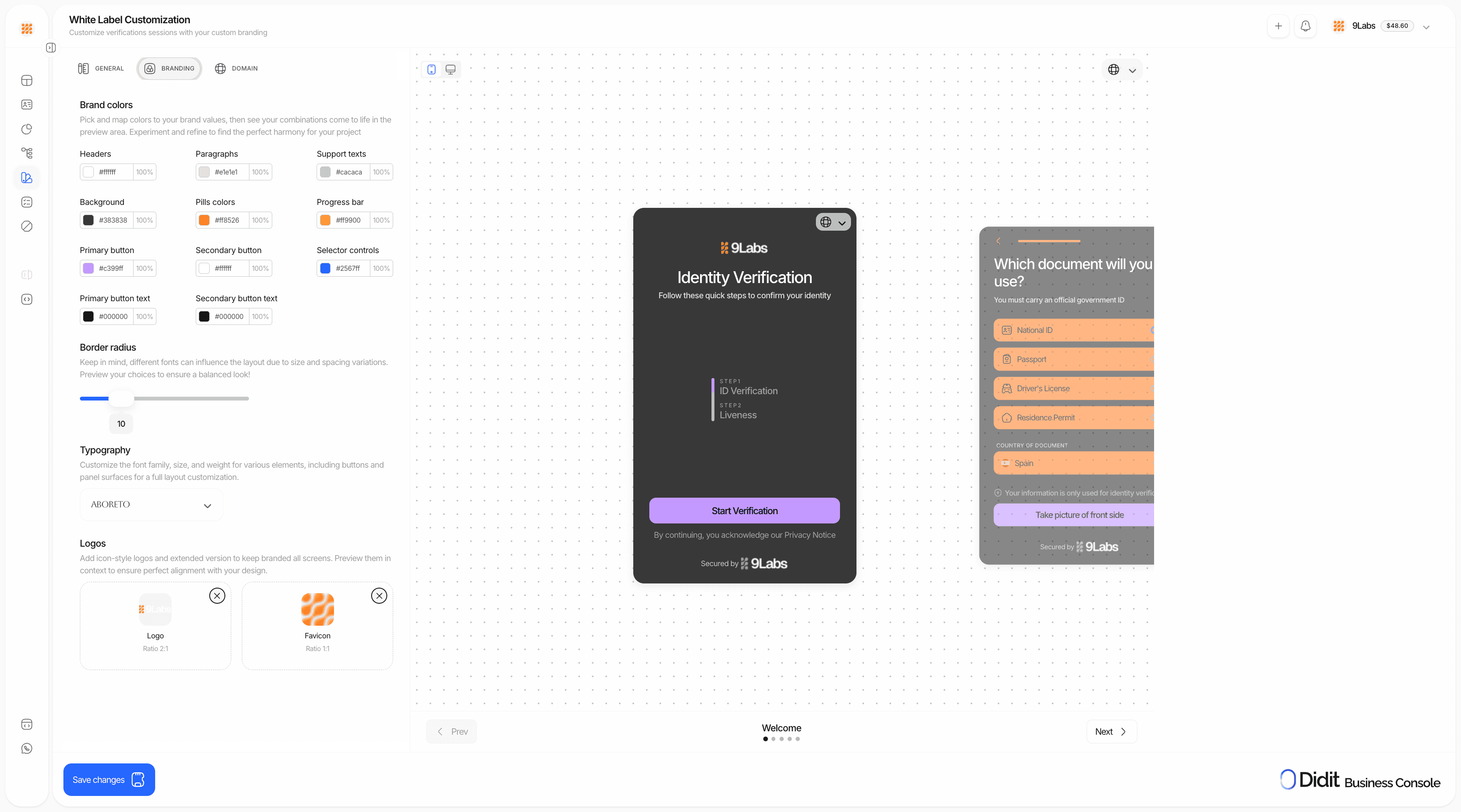 White label style editor in the Business Console