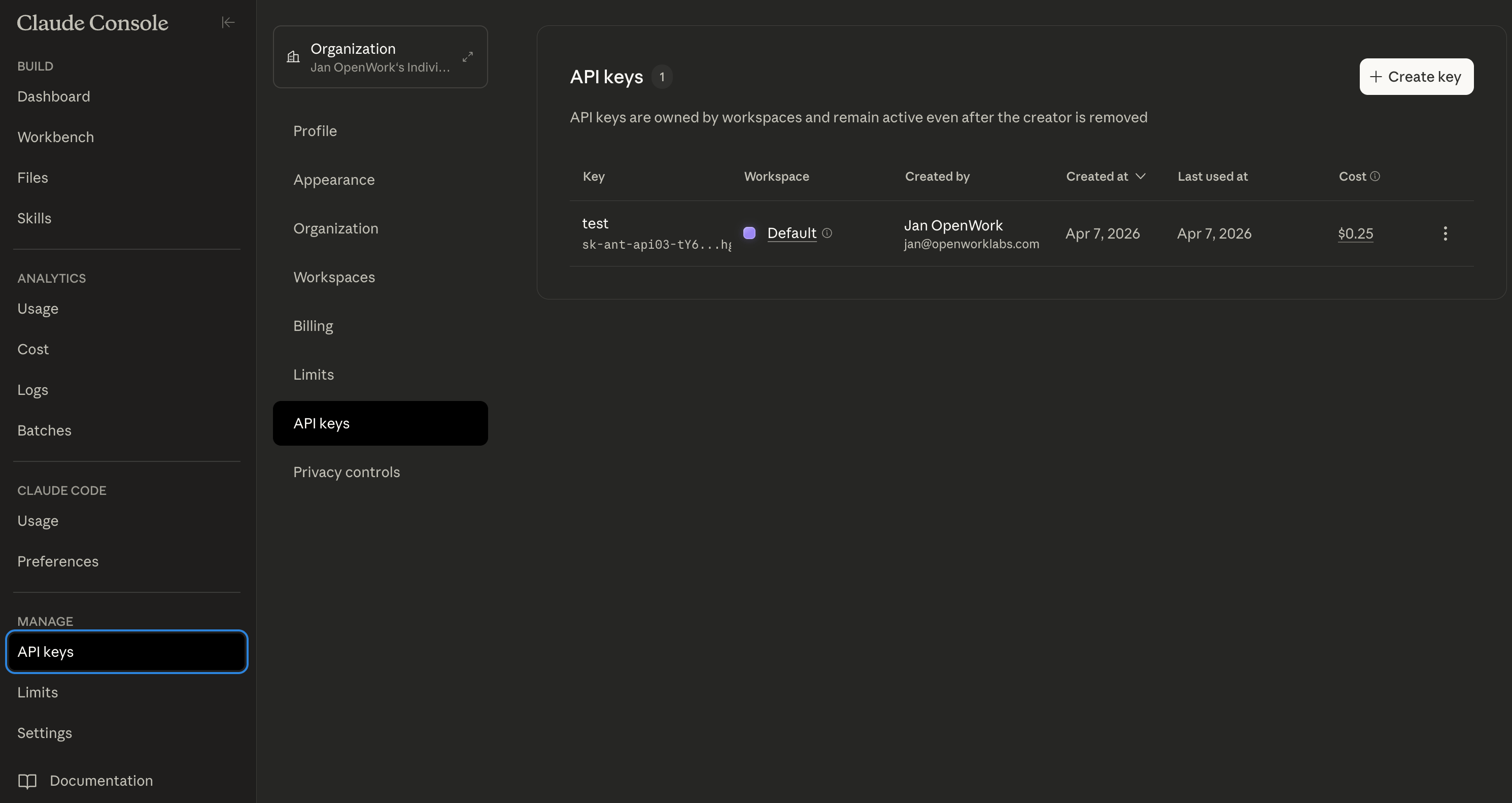 Anthropic API Keys page