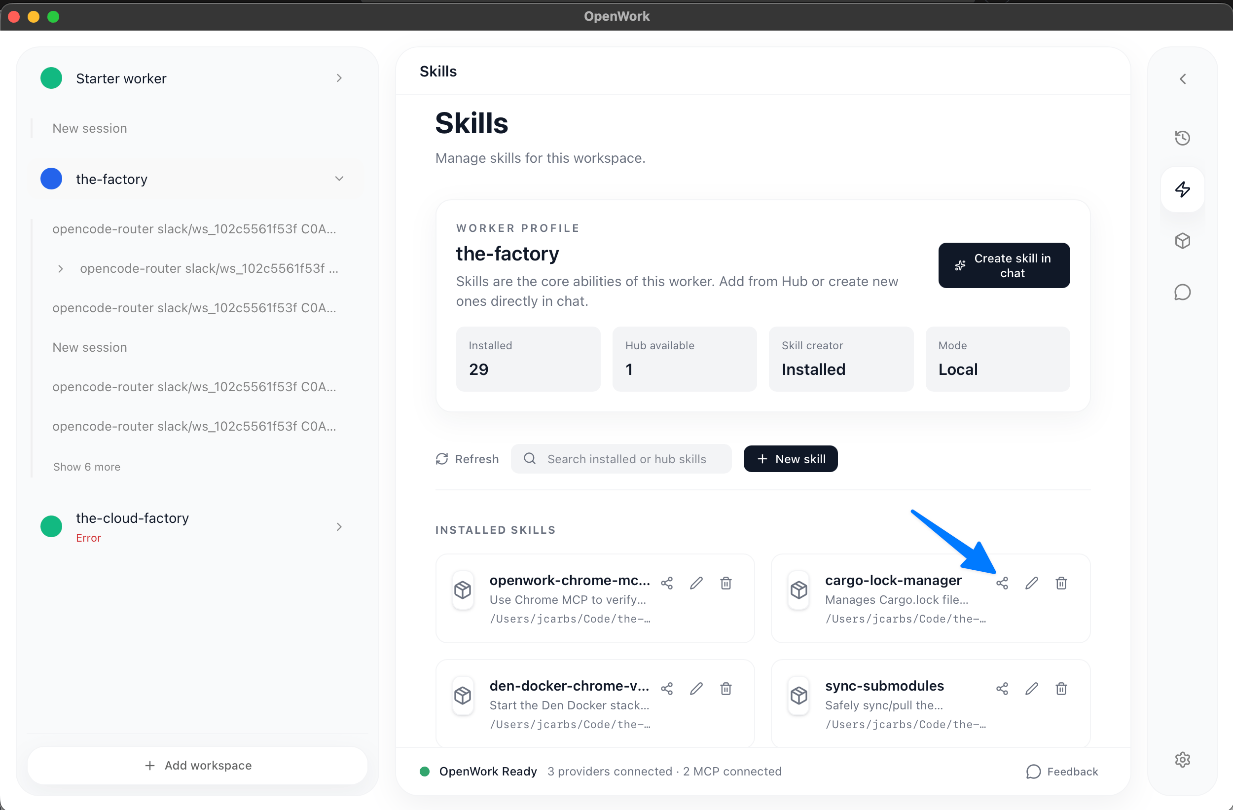 Skills management page showing installed skills
