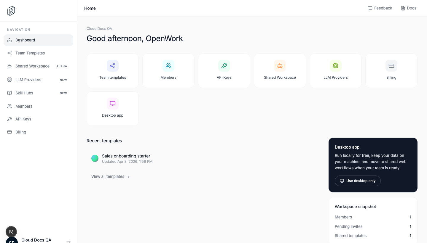 OpenWork Cloud dashboard overview