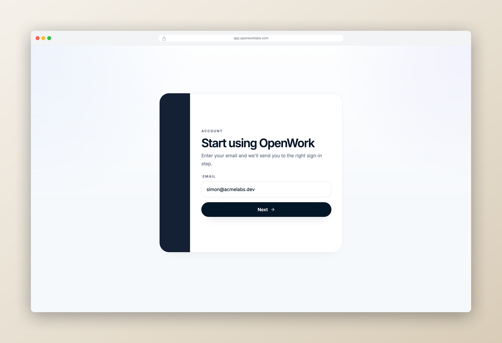 Start using OpenWork — email step