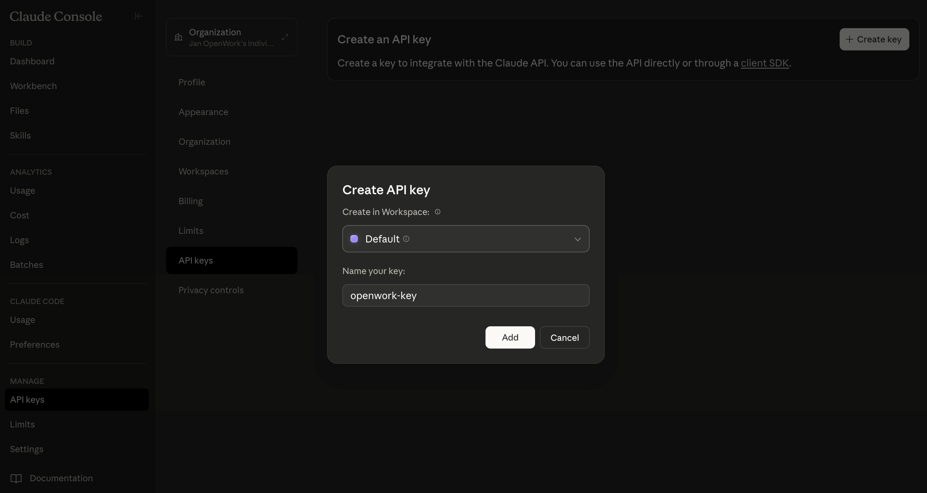 Anthropic Create Key dialog