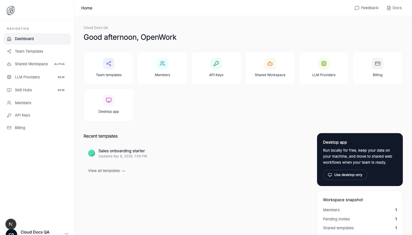 OpenWork Cloud dashboard overview