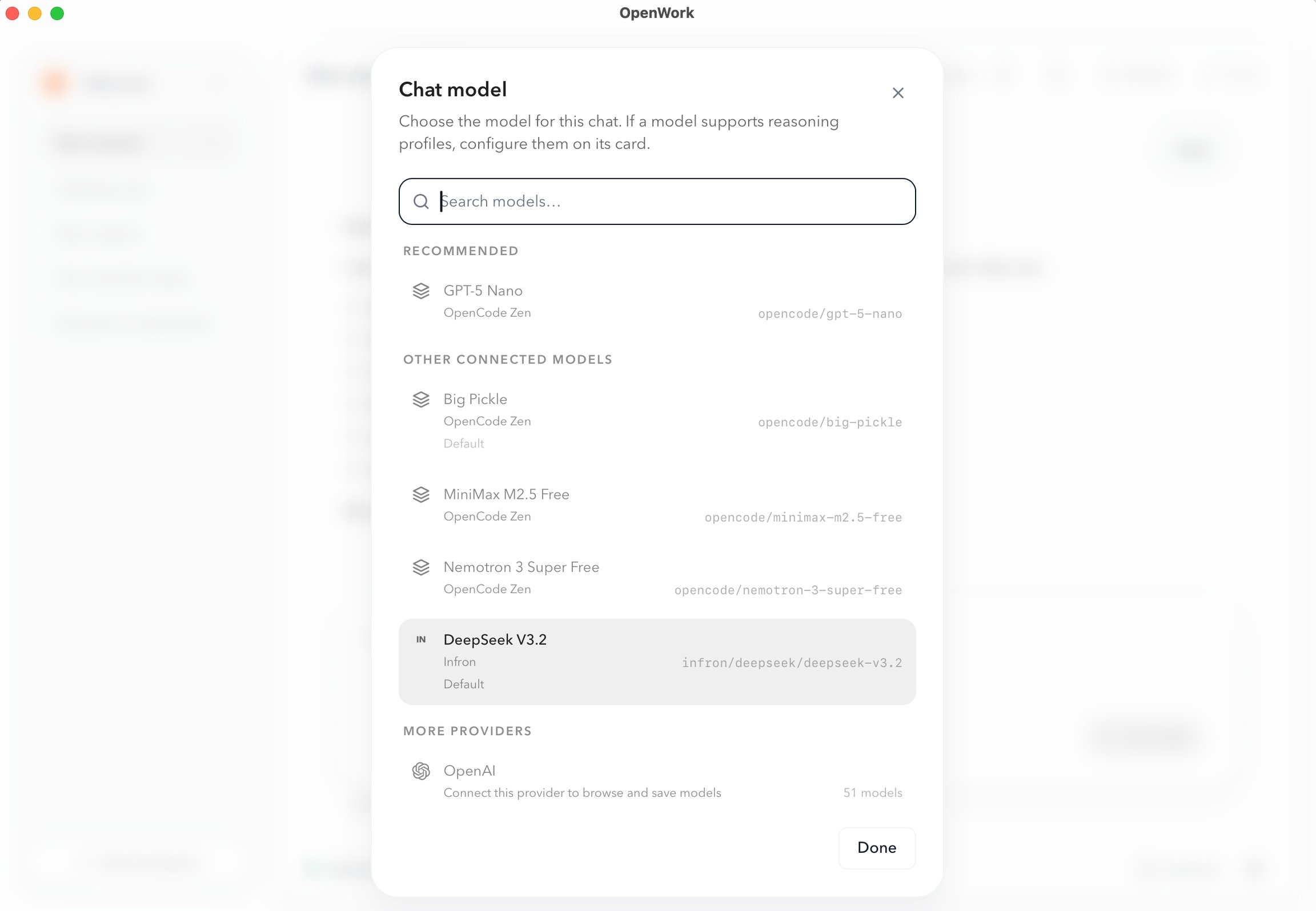 Infron · DeepSeek V3.2 selected in an OpenWork session
