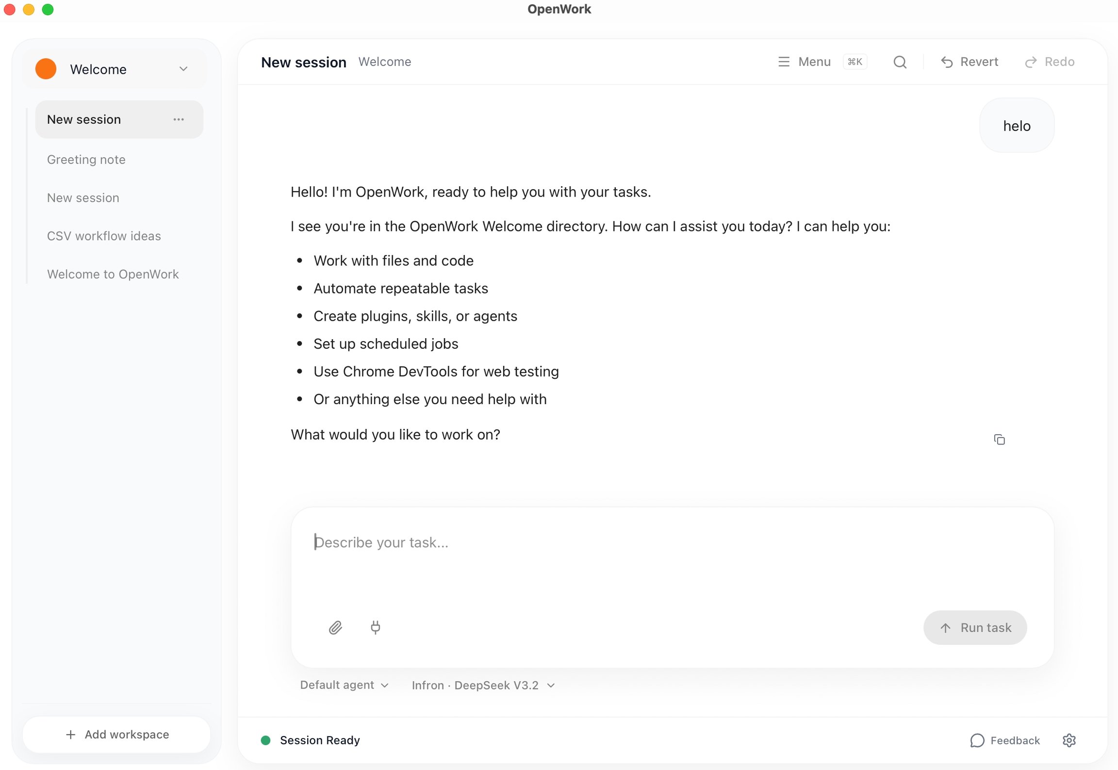 DeepSeek V3.2 via Infron in the OpenWork Chat model picker