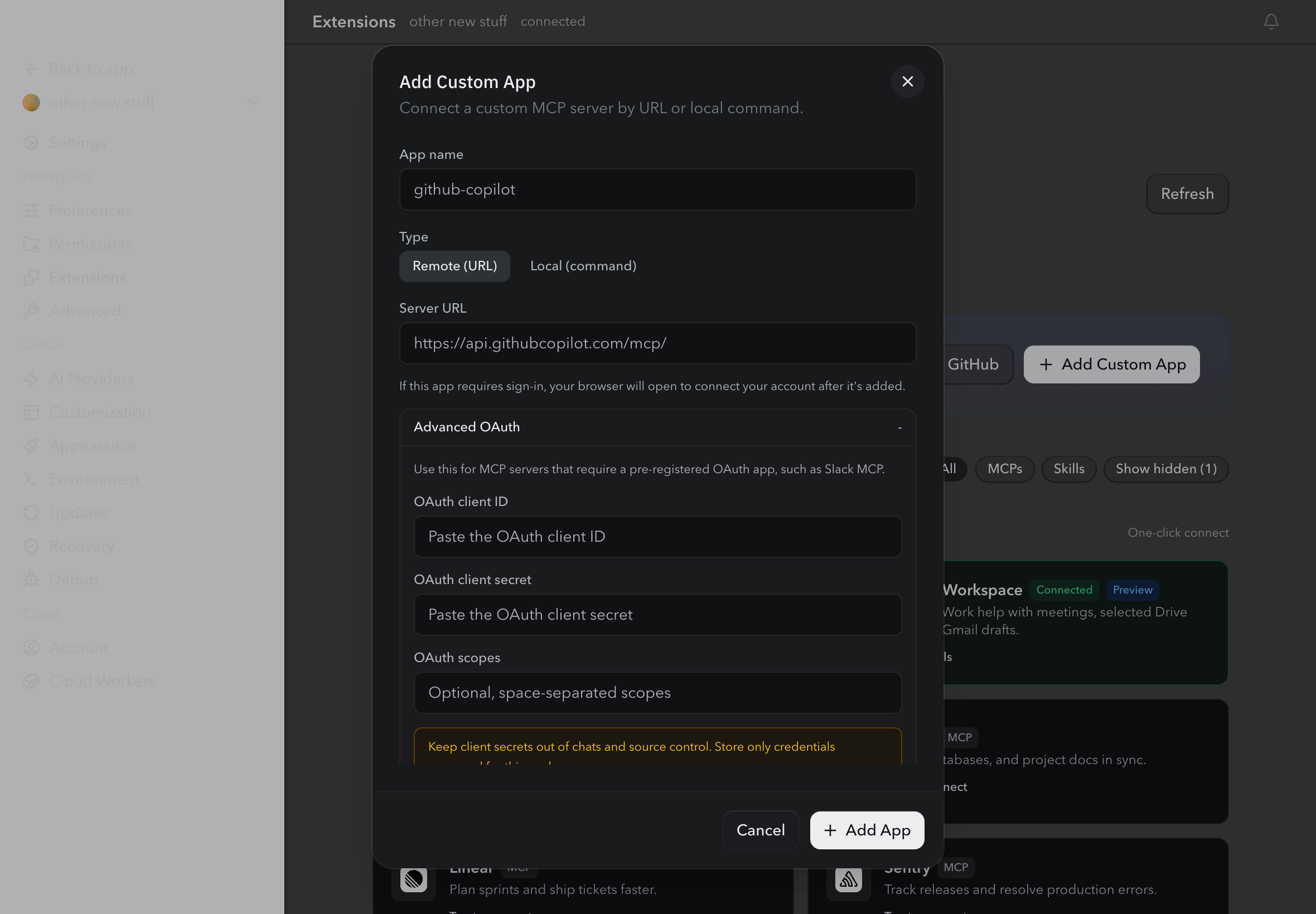 Add Custom App dialog with Advanced OAuth fields for Slack MCP
