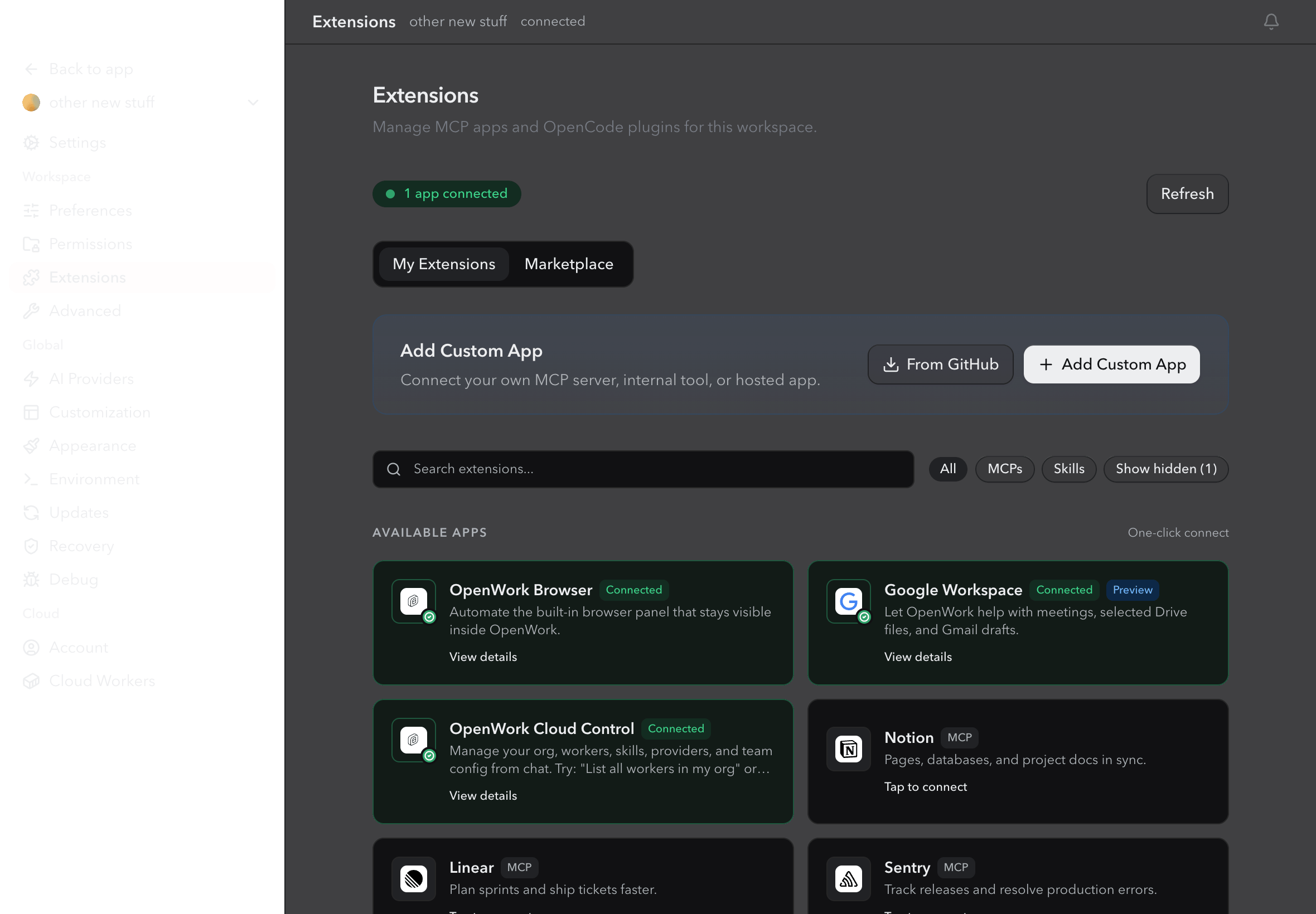 OpenWork Extensions page with Add Custom App button