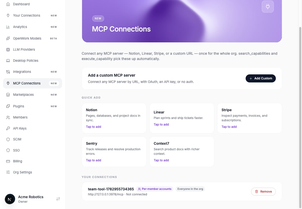 MCP Connections admin screen in OpenWork Cloud
