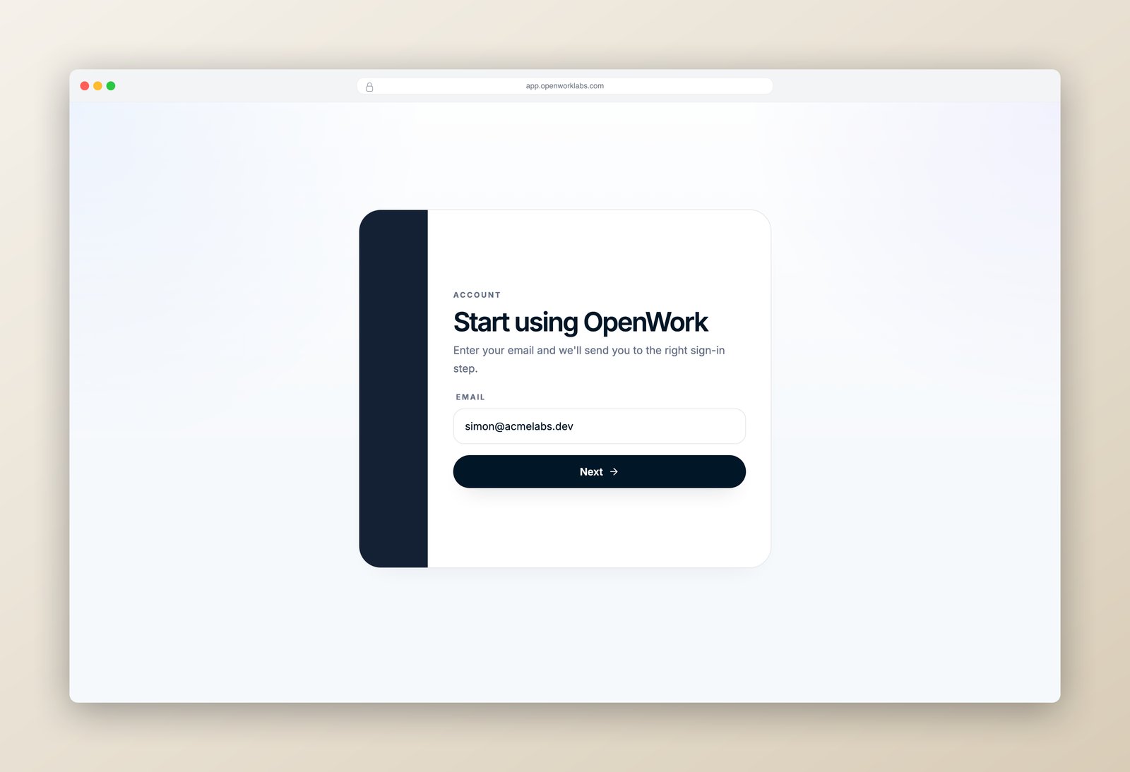 Start using OpenWork — email step