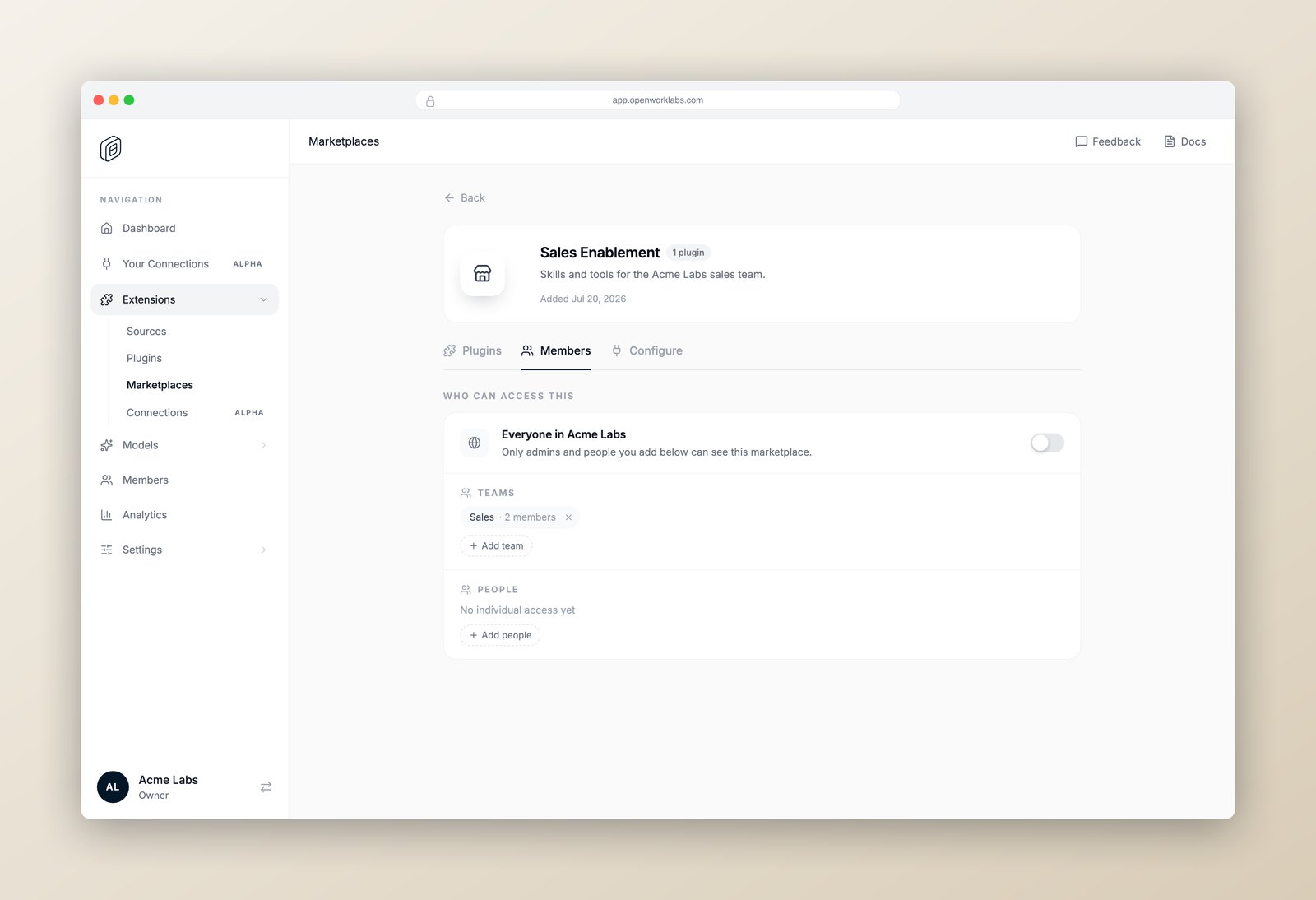 Marketplace access by team