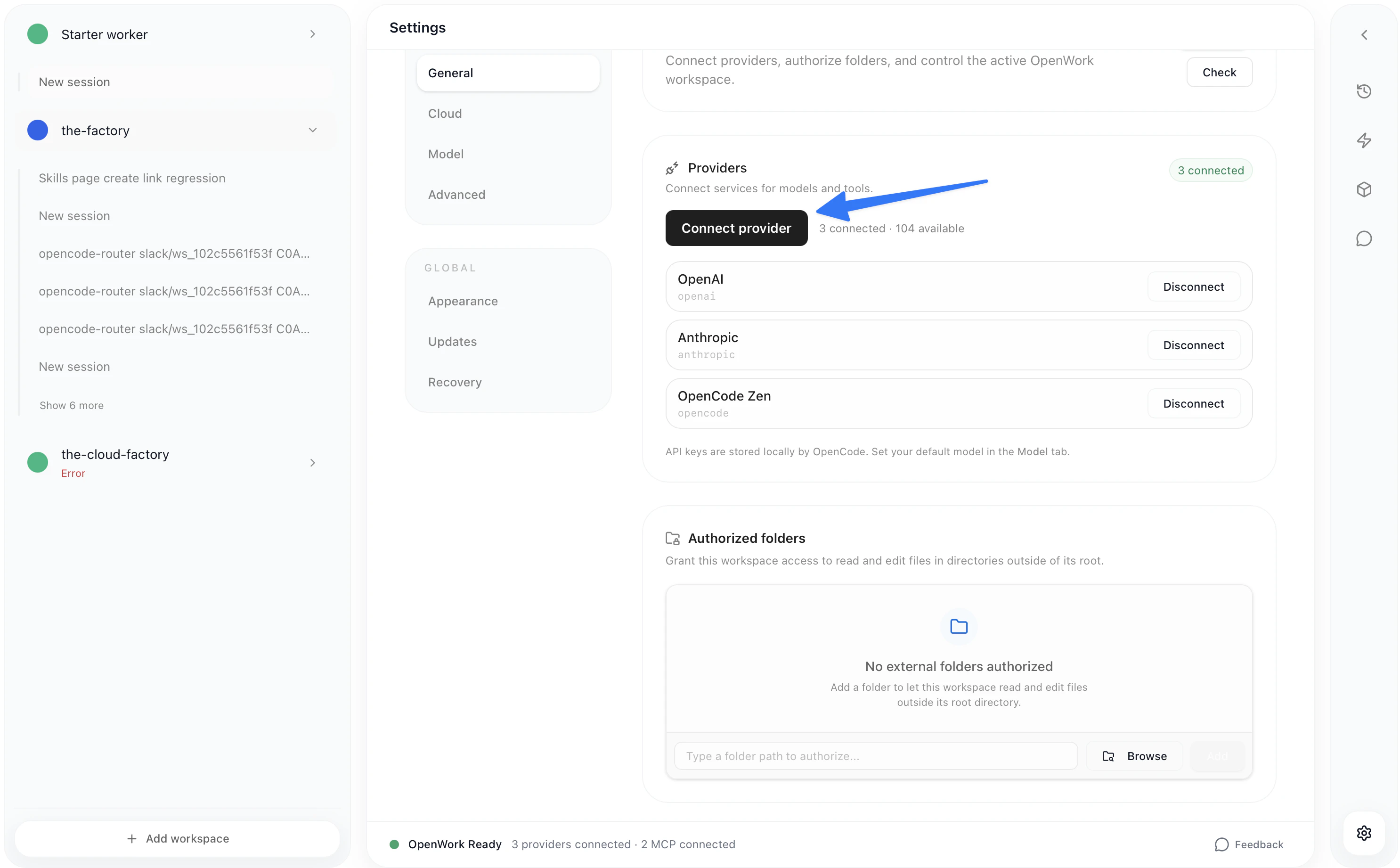 Settings page showing Connect Provider button