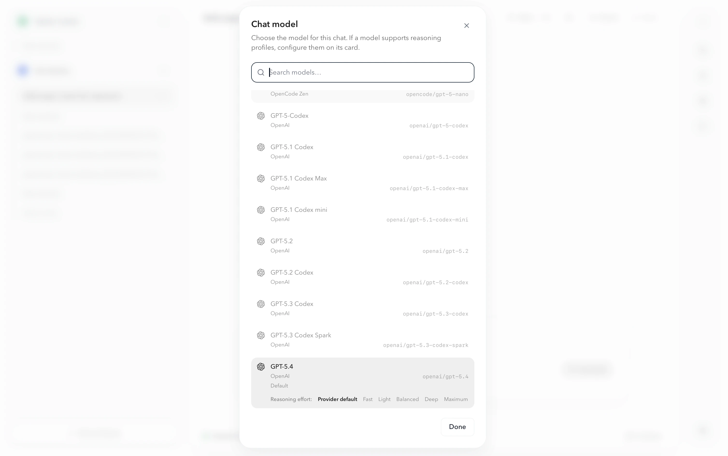 Model list showing available models from all providers