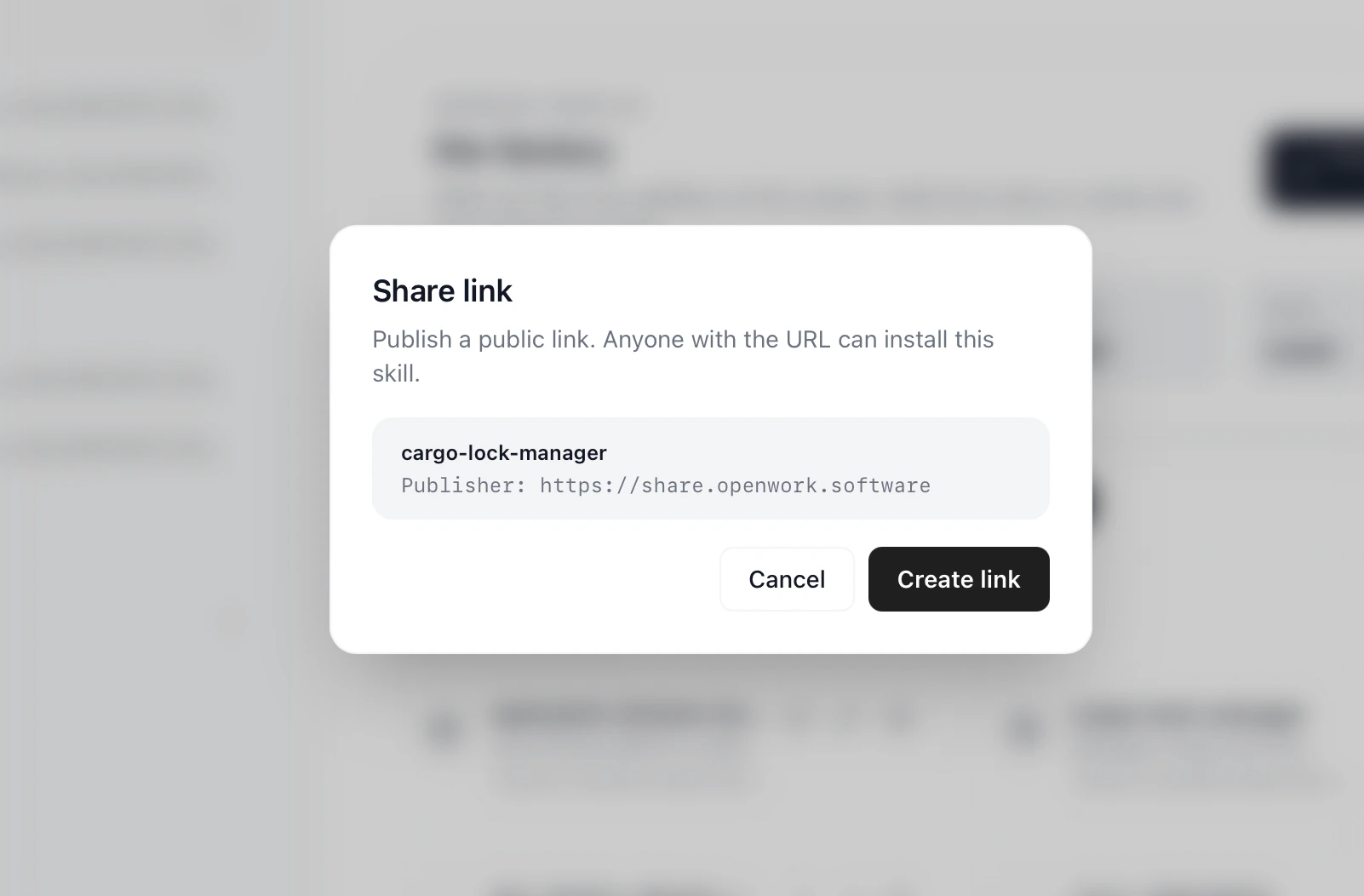Create share link dialog for a skill