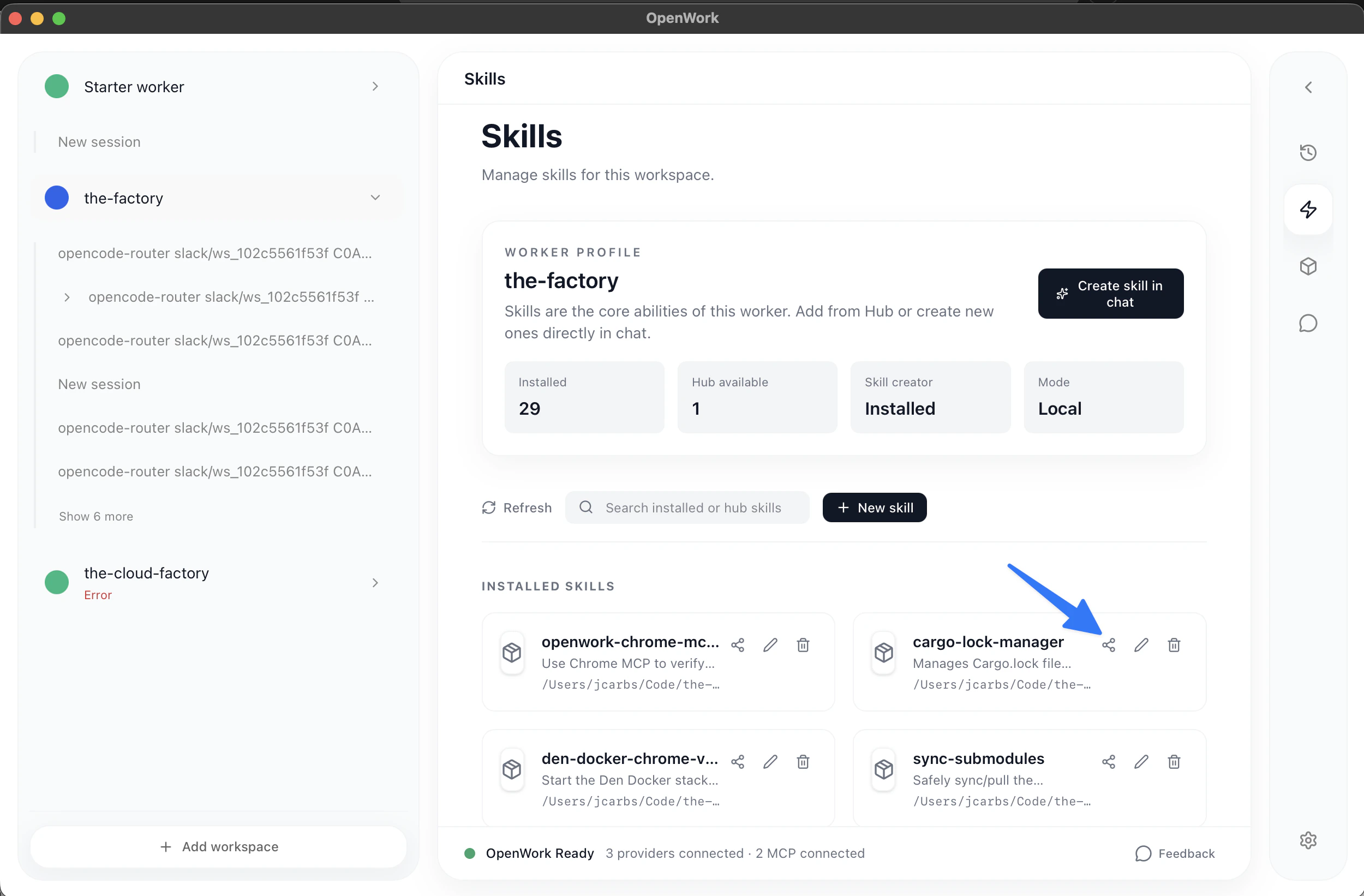 Skills management page showing installed skills