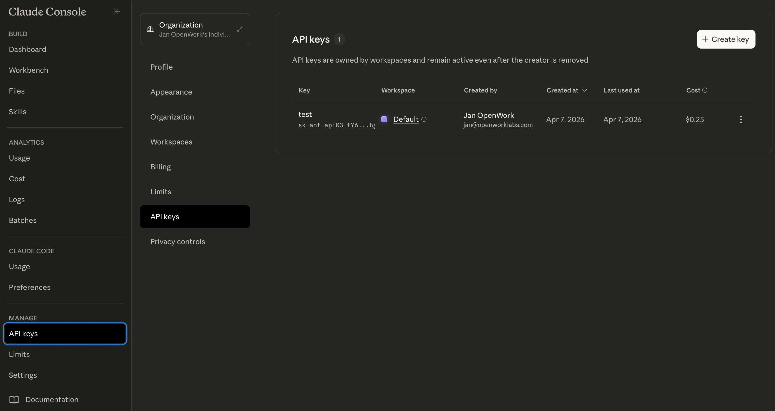 Anthropic API Keys page
