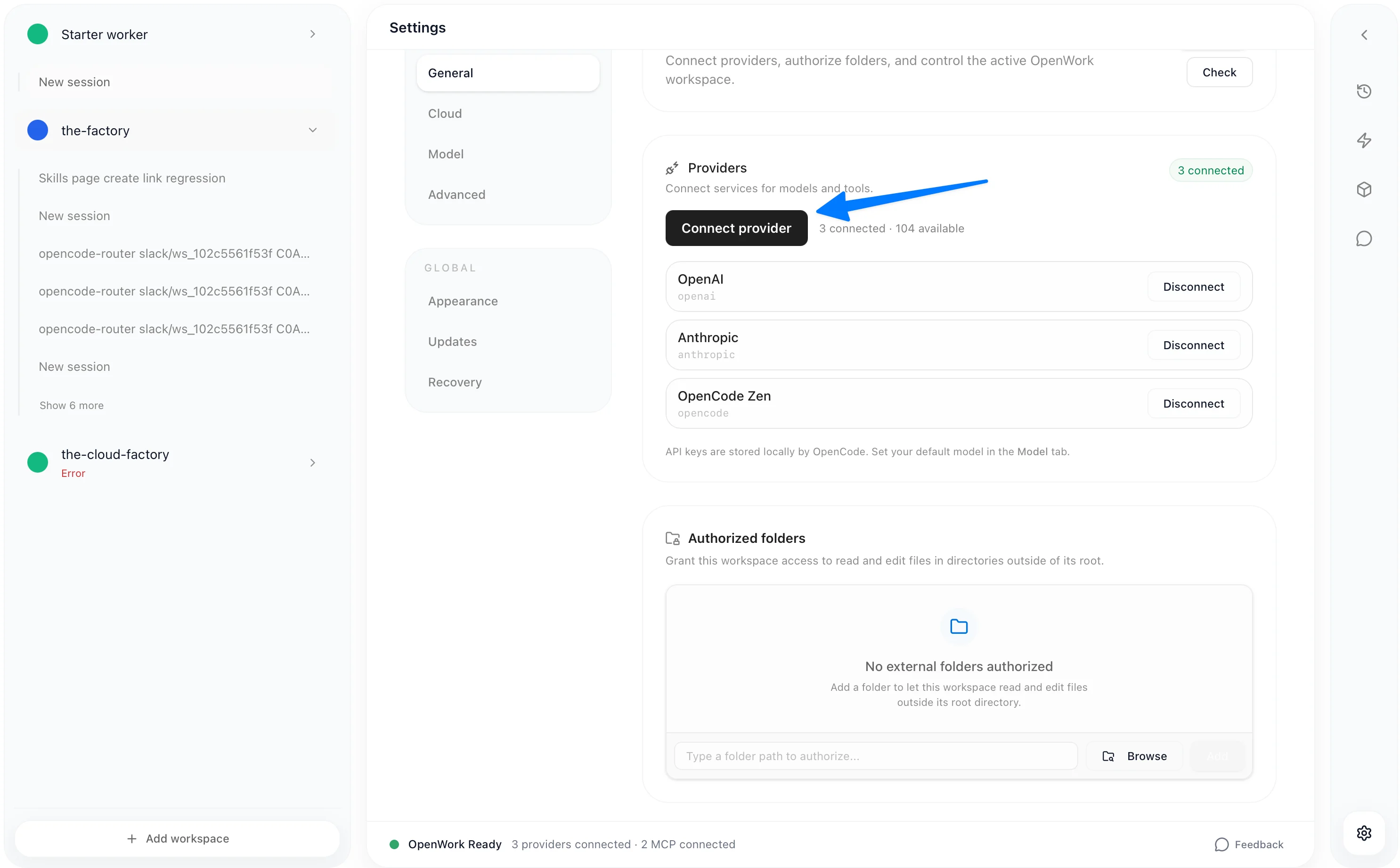 Settings page showing Connect Provider button