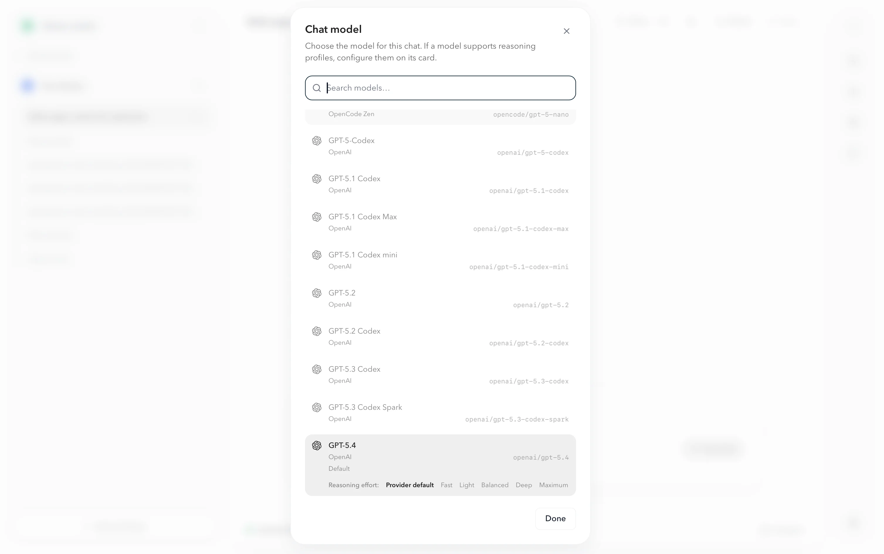 Model list showing available models from all providers