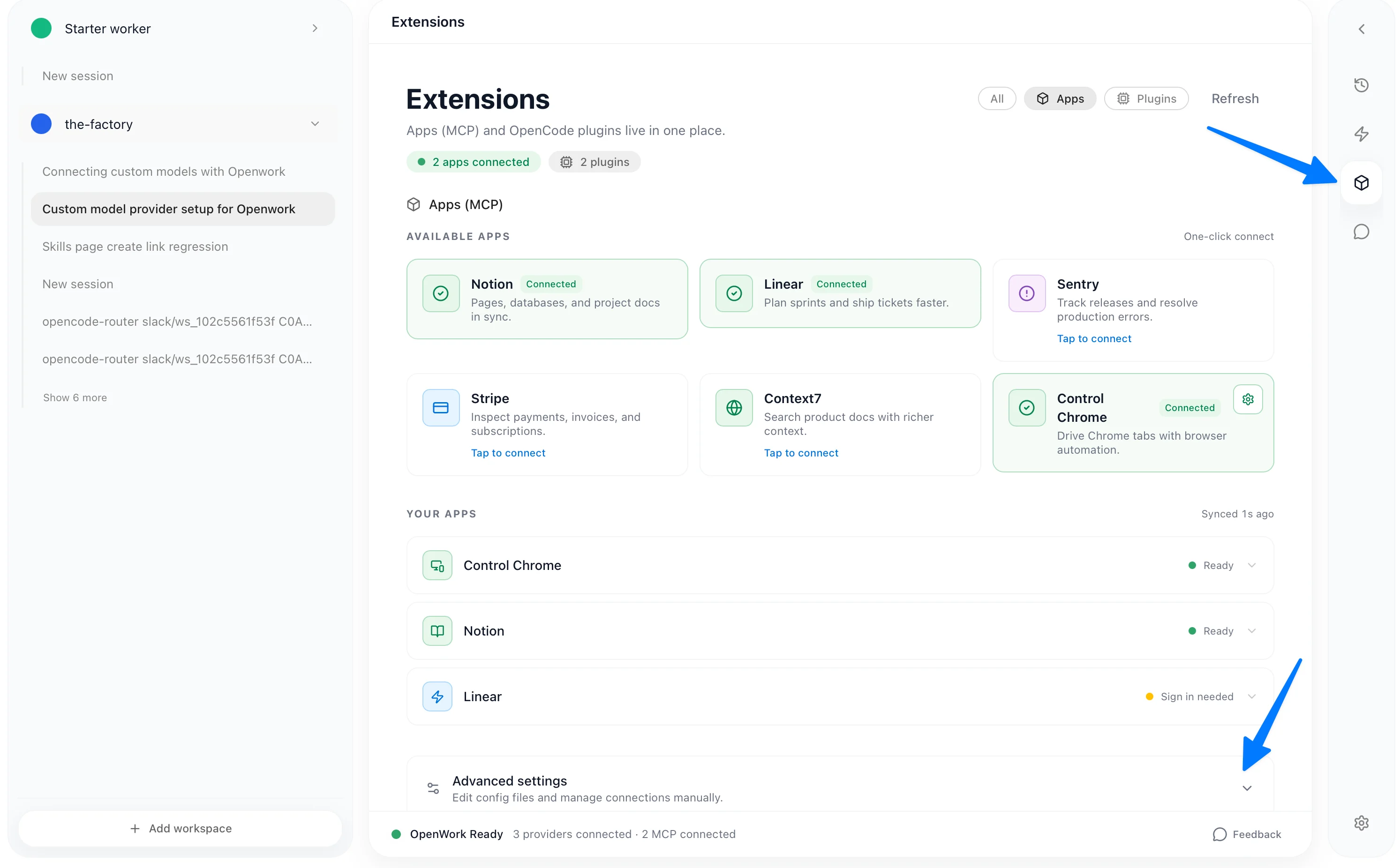 Extensions page with Advanced Settings link