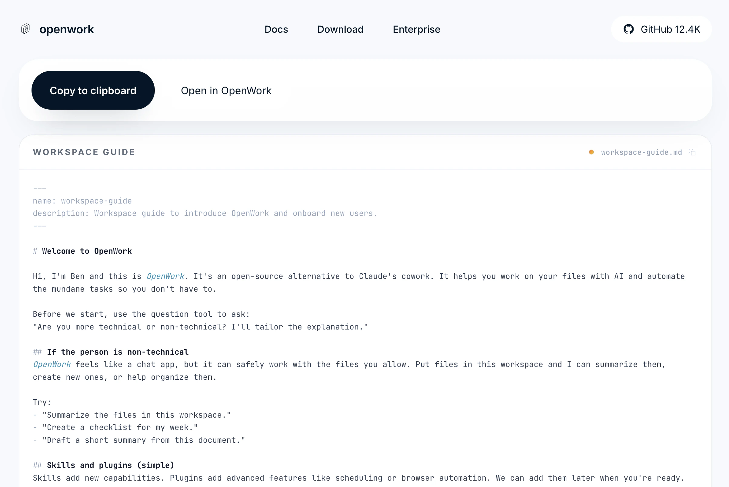 Shared skill page with Copy and Open in OpenWork buttons