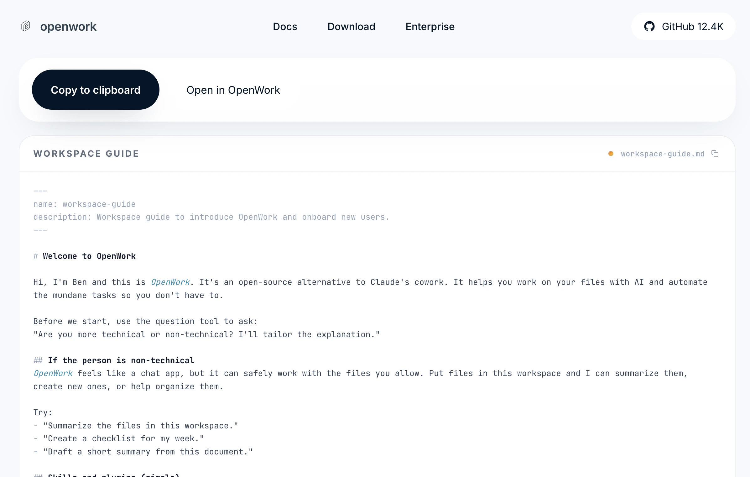 Share page with Open in OpenWork button