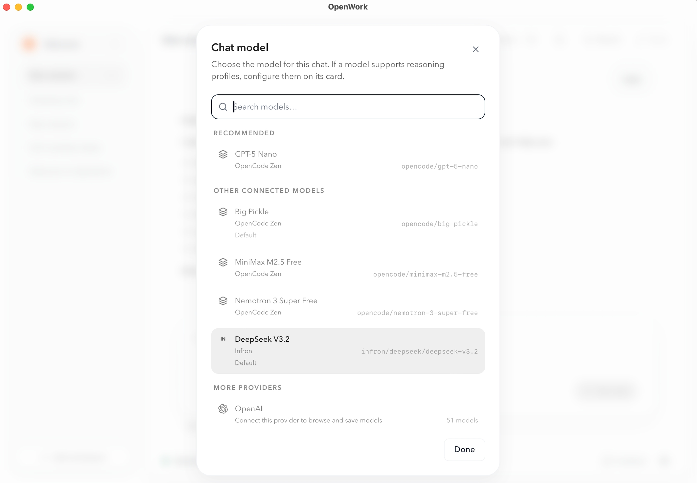 Infron · DeepSeek V3.2 selected in an OpenWork session