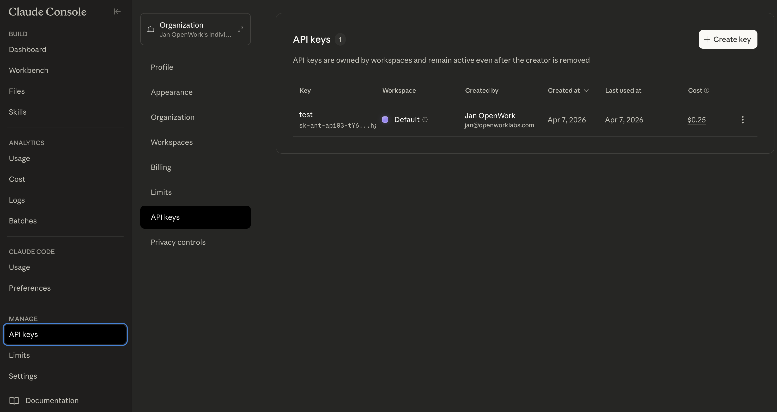 Anthropic API Keys page