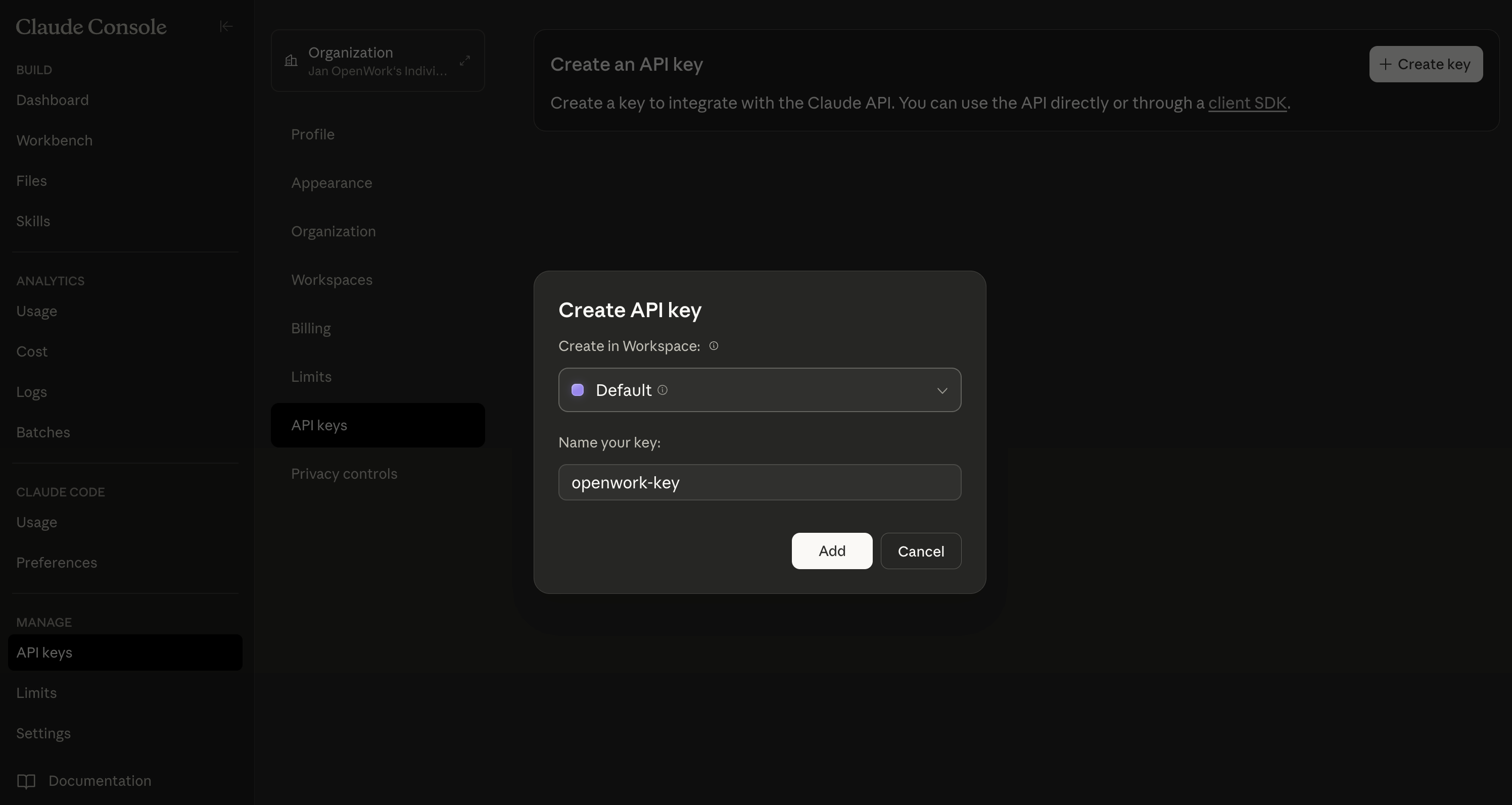 Anthropic Create Key dialog