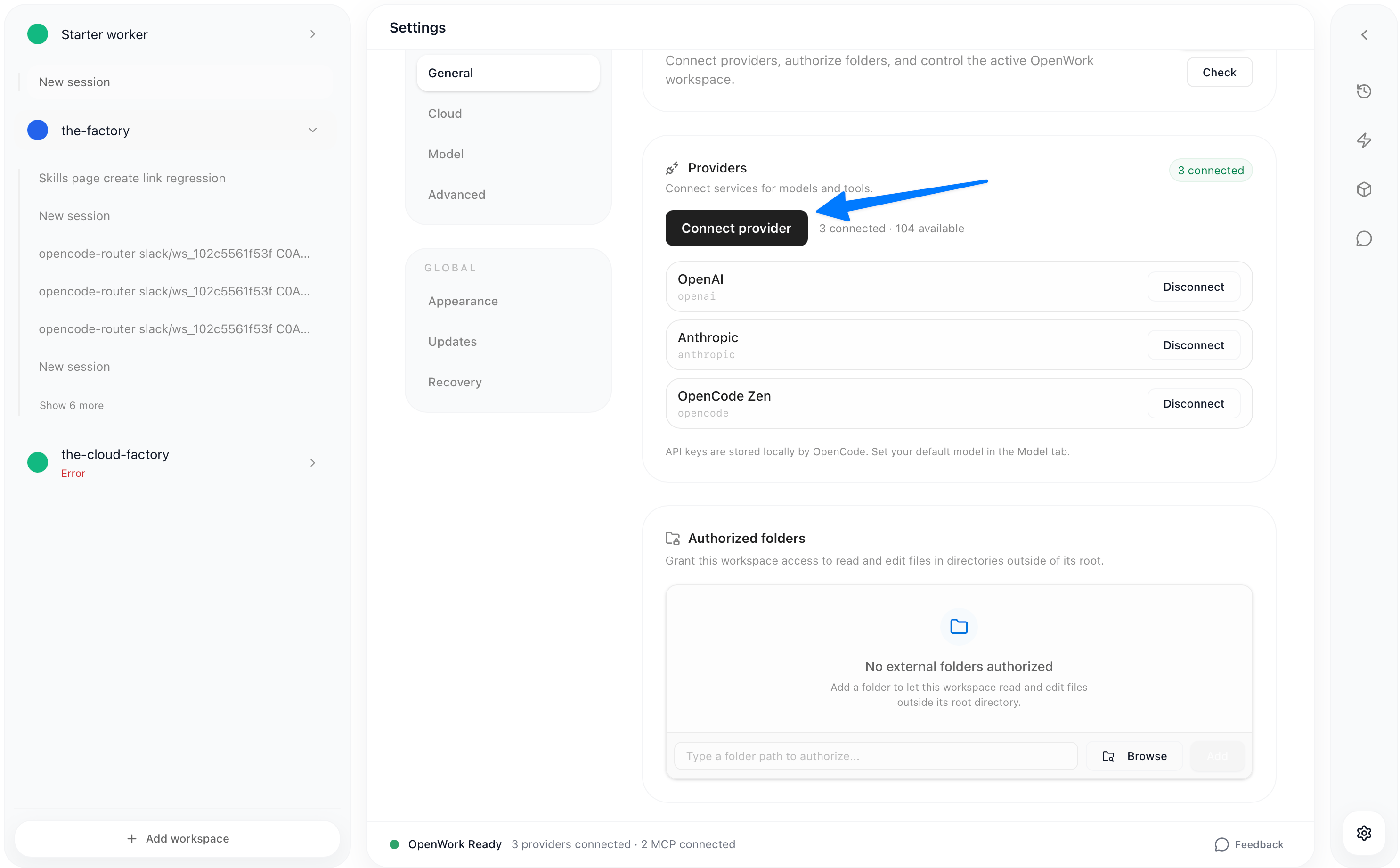 Settings page showing Connect Provider button