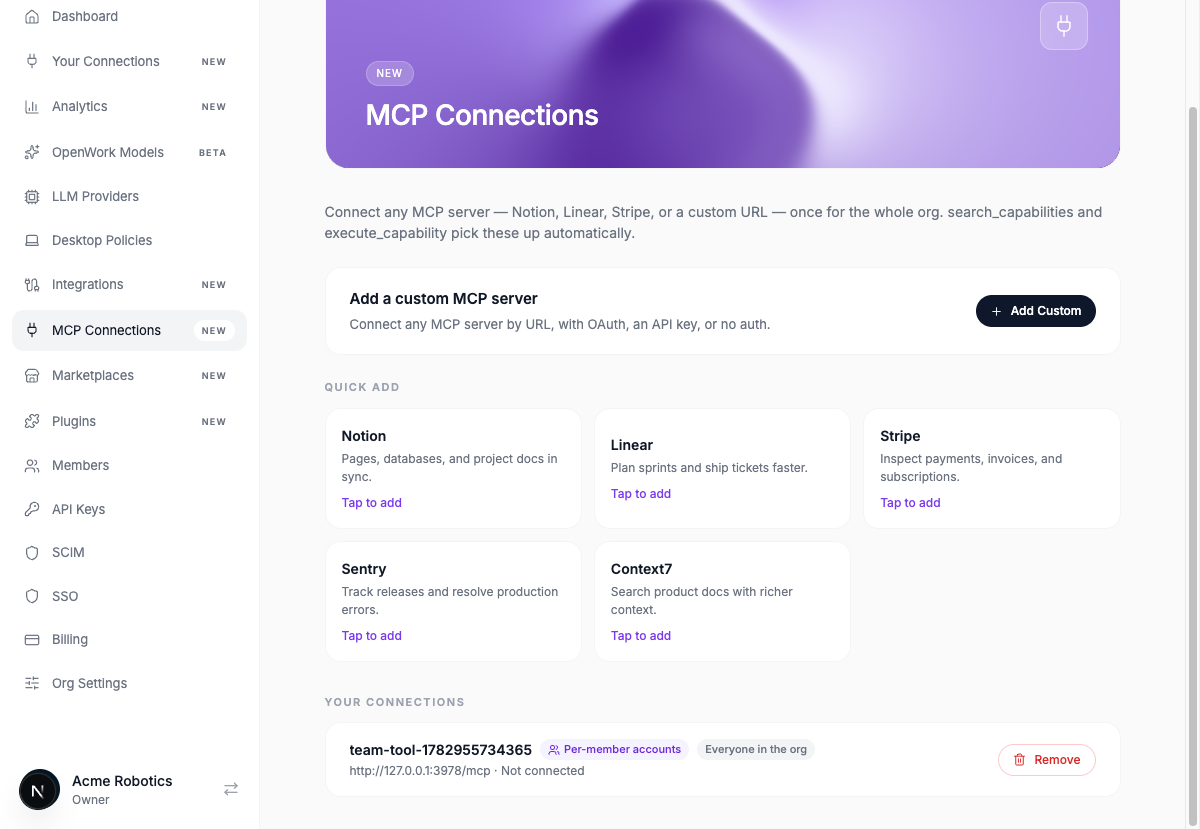 MCP Connections admin screen in OpenWork Cloud