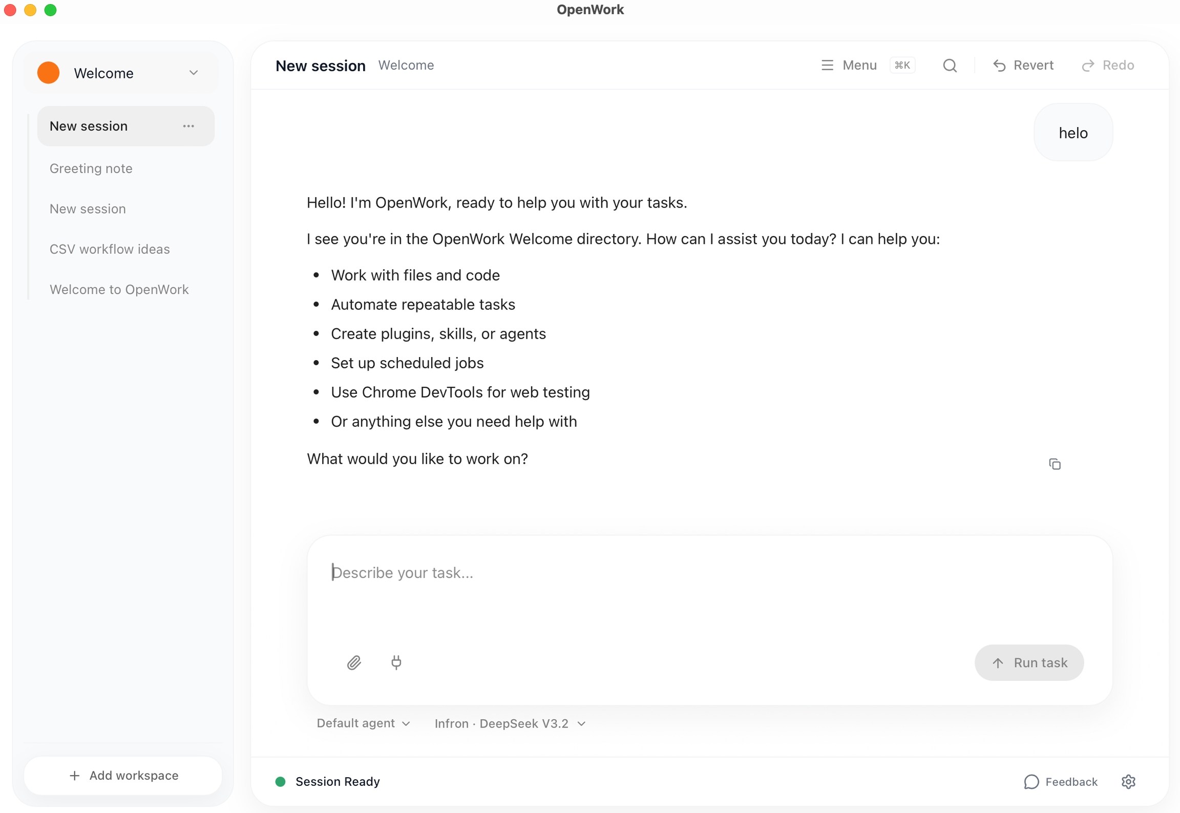 DeepSeek V3.2 via Infron in the OpenWork Chat model picker