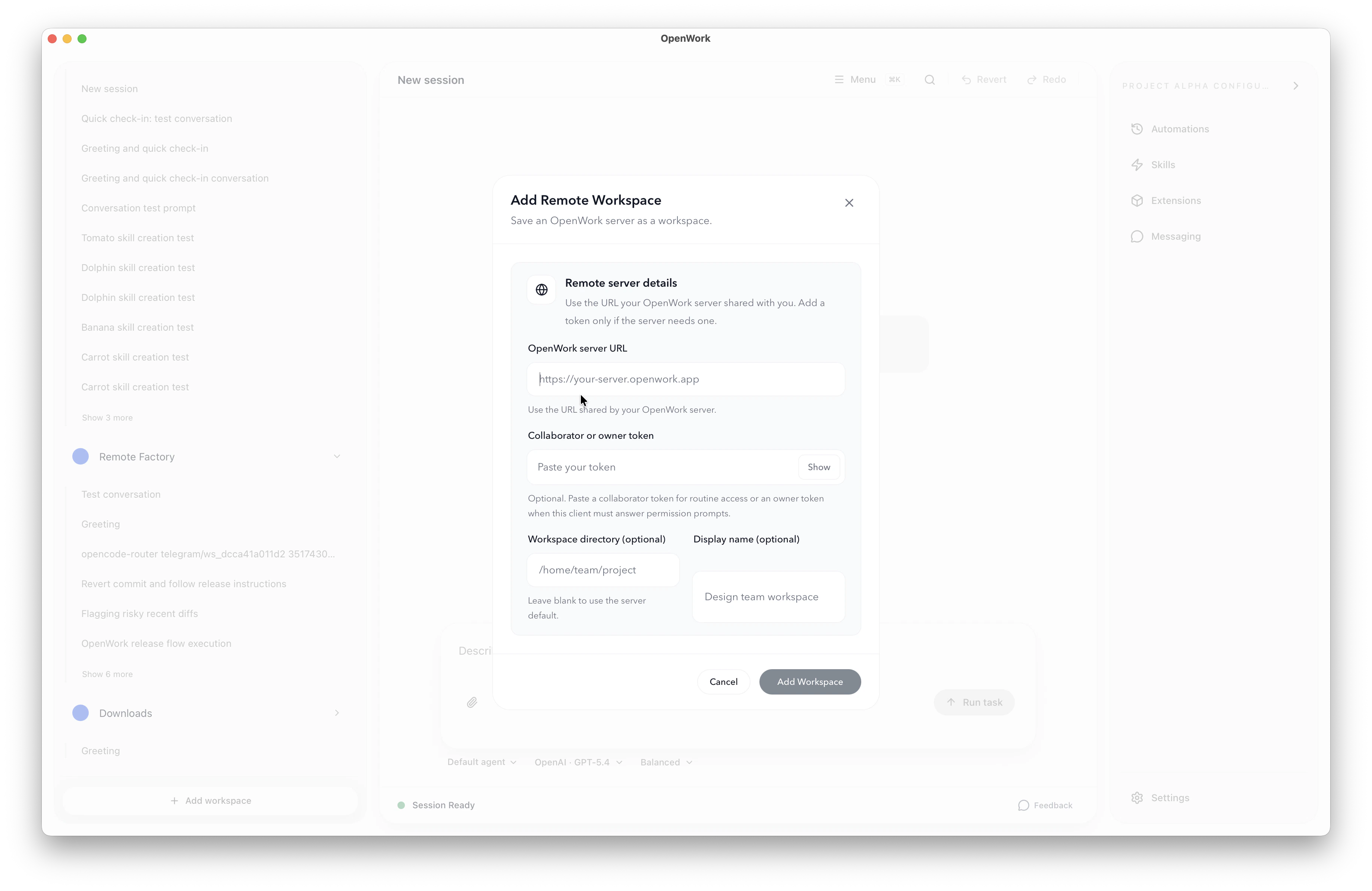 Add Remote Workspace dialog in OpenWork desktop app