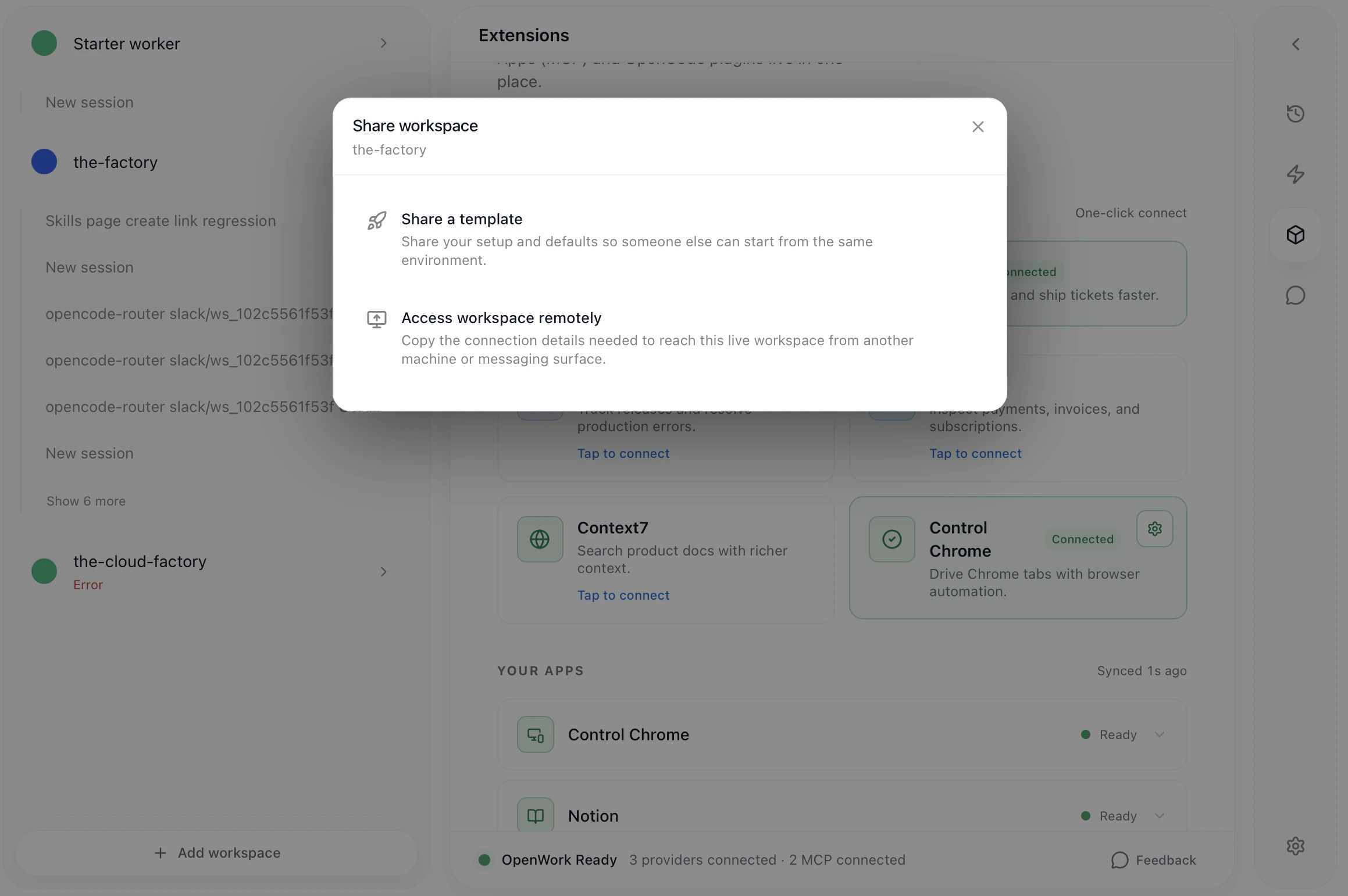 Share workspace dialog with template and remote options