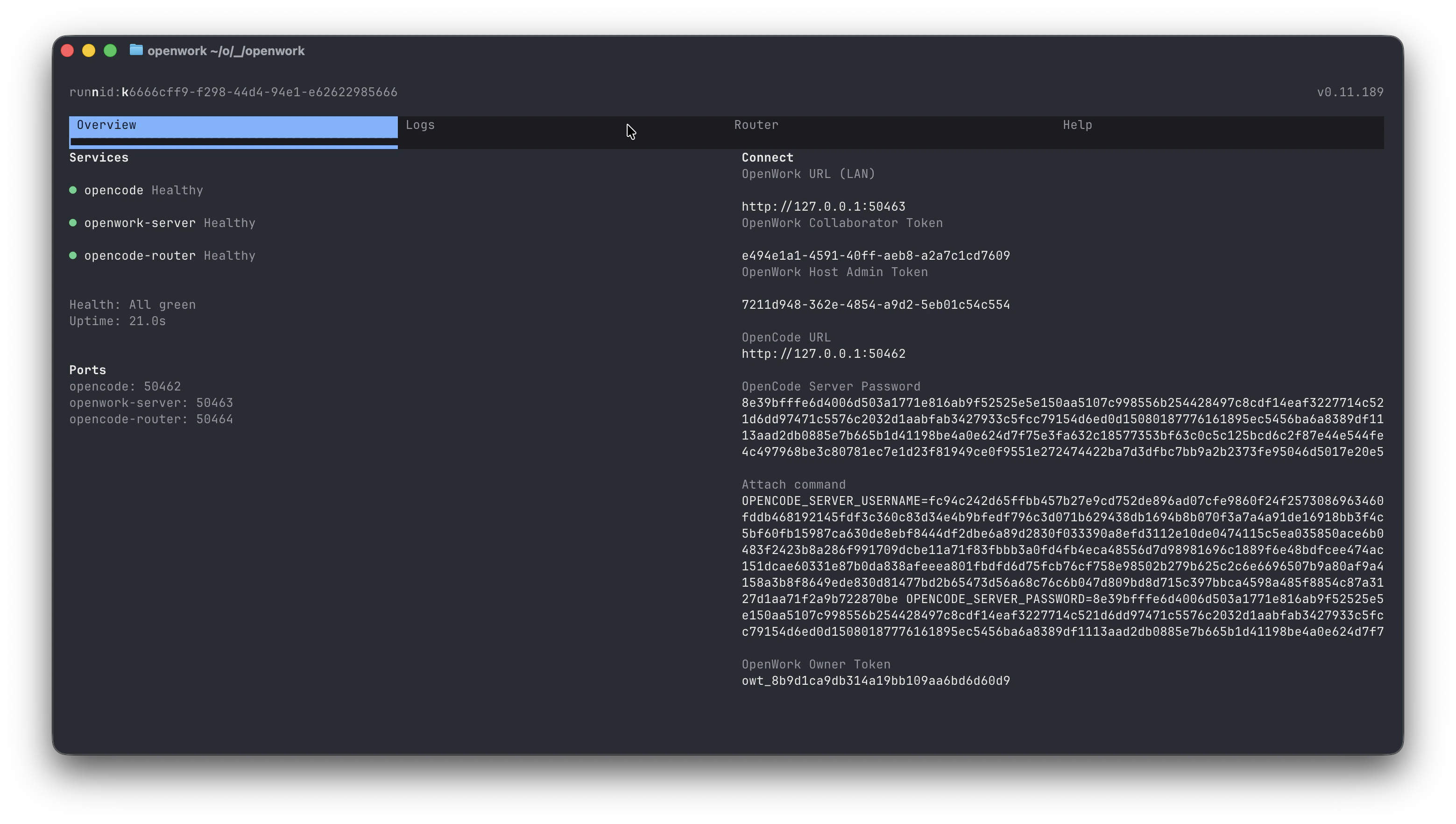 OpenWork CLI terminal output showing URL and owner token