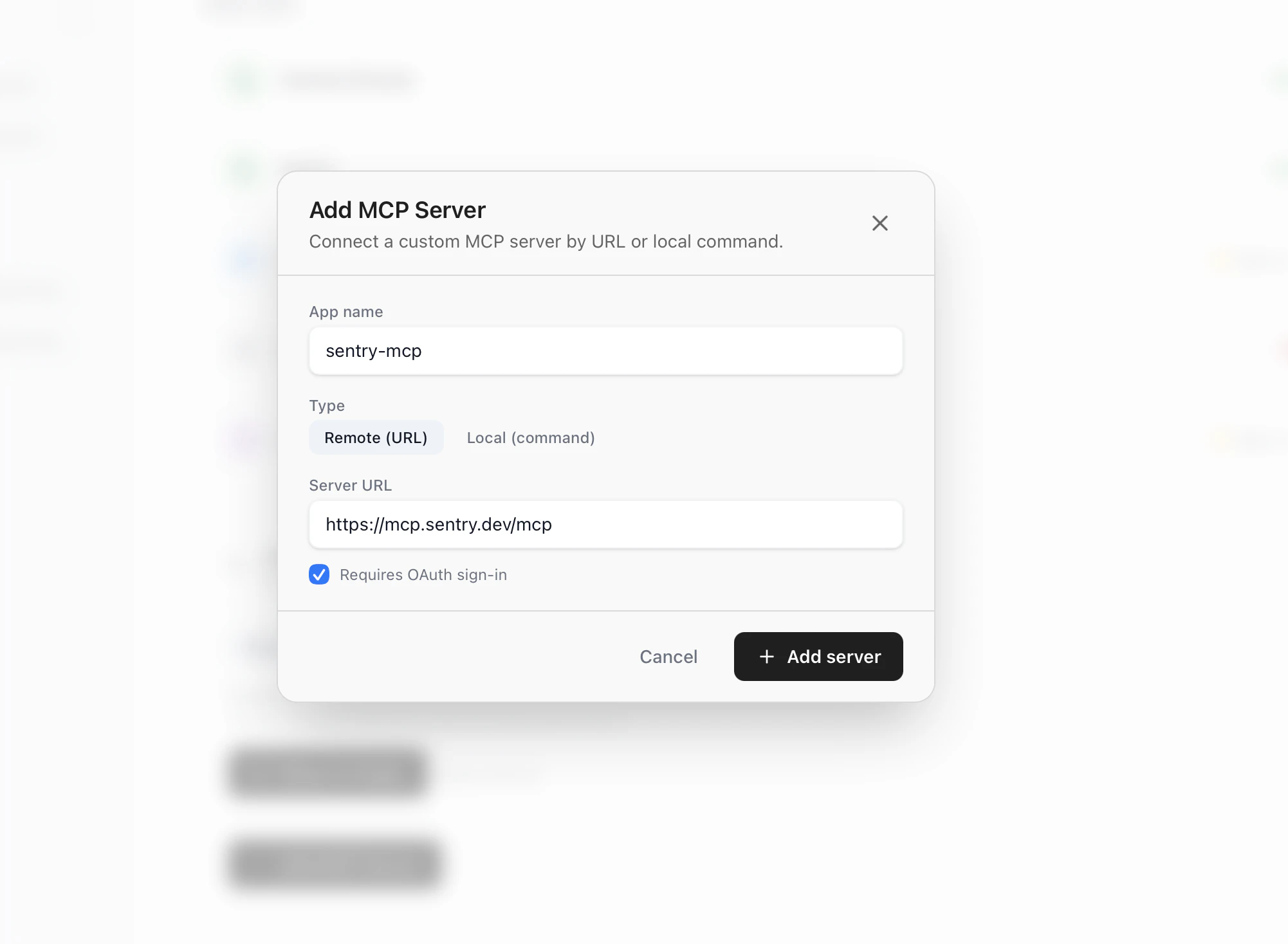 Add MCP Server dialog with name, URL, and OAuth toggle