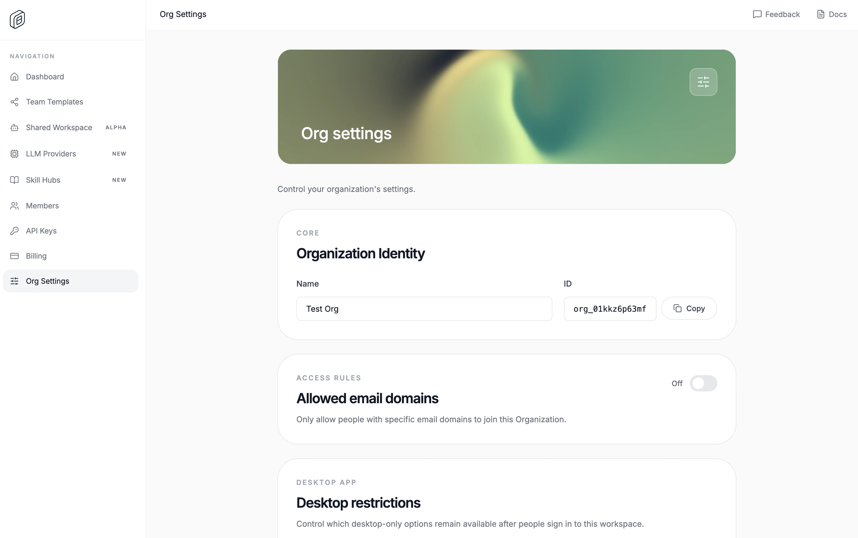 OpenWork Cloud org settings with organization identity, allowed email domains, and desktop restrictions