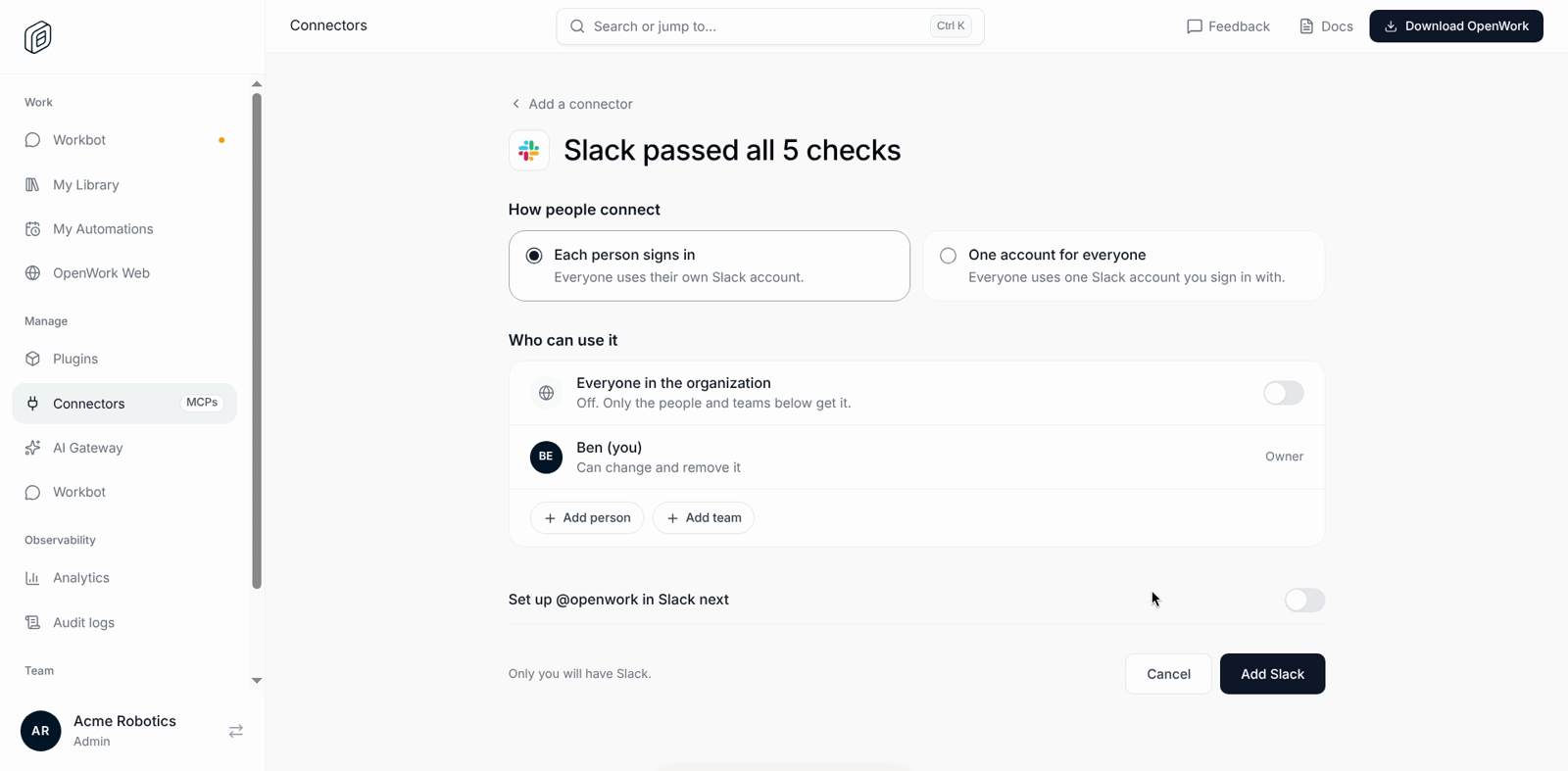 Slack passed all 5 checks, with sharing options