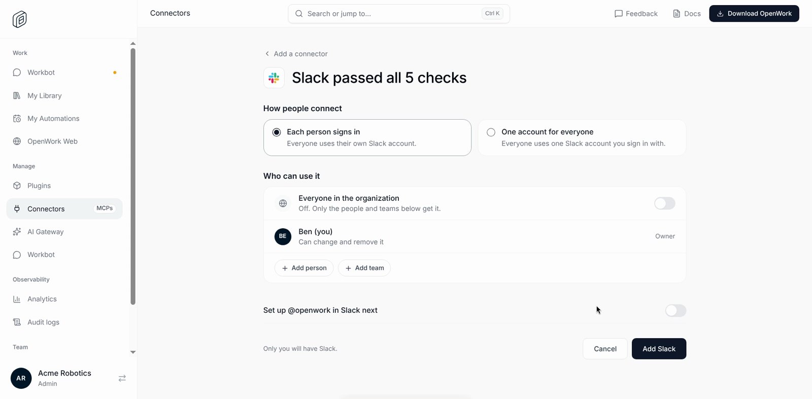 Slack passed all 5 checks, with sharing options