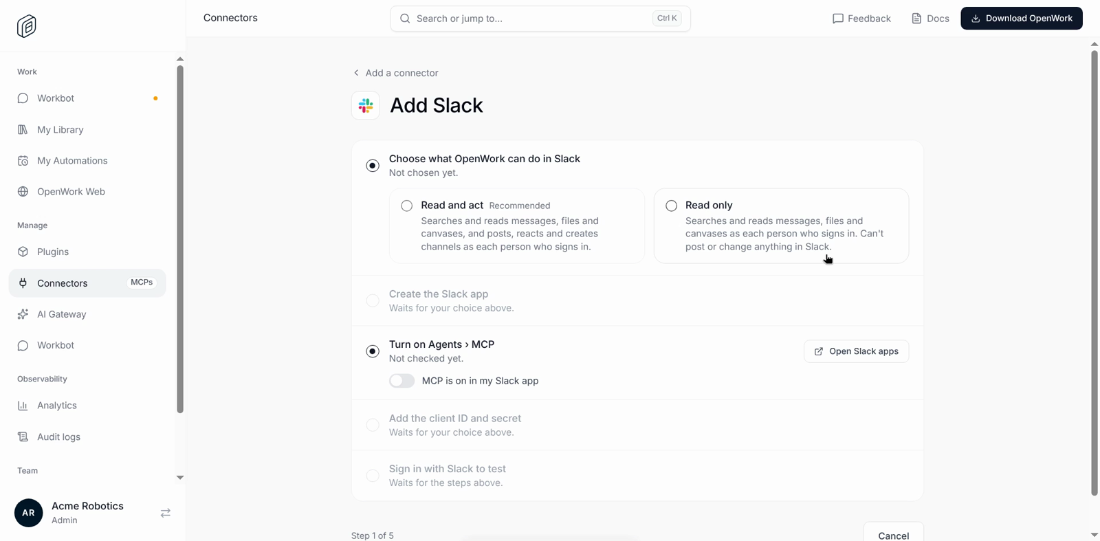 The Add Slack checklist in OpenWork Cloud