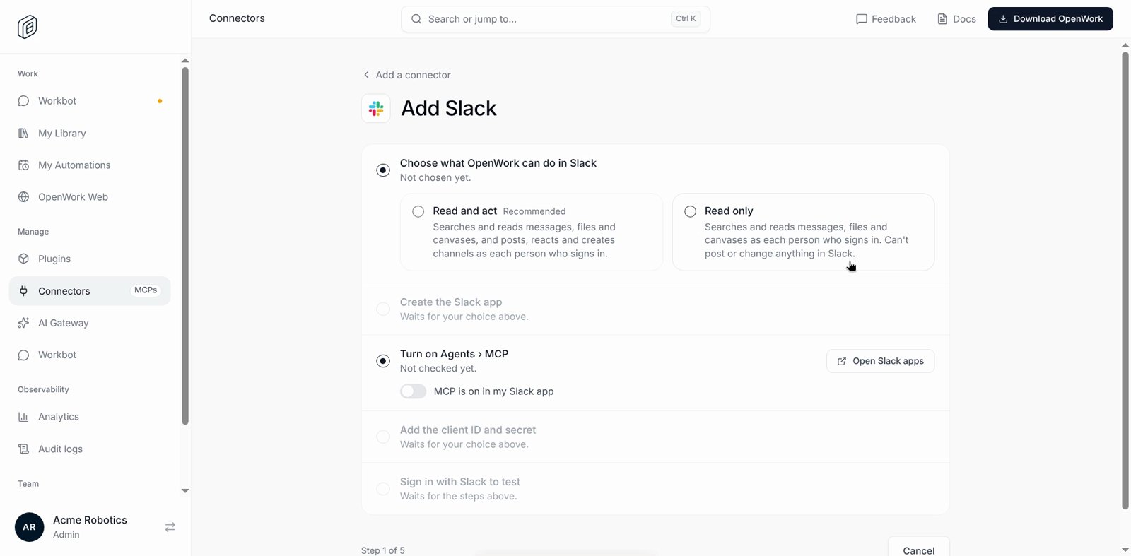 The Add Slack checklist in OpenWork Cloud