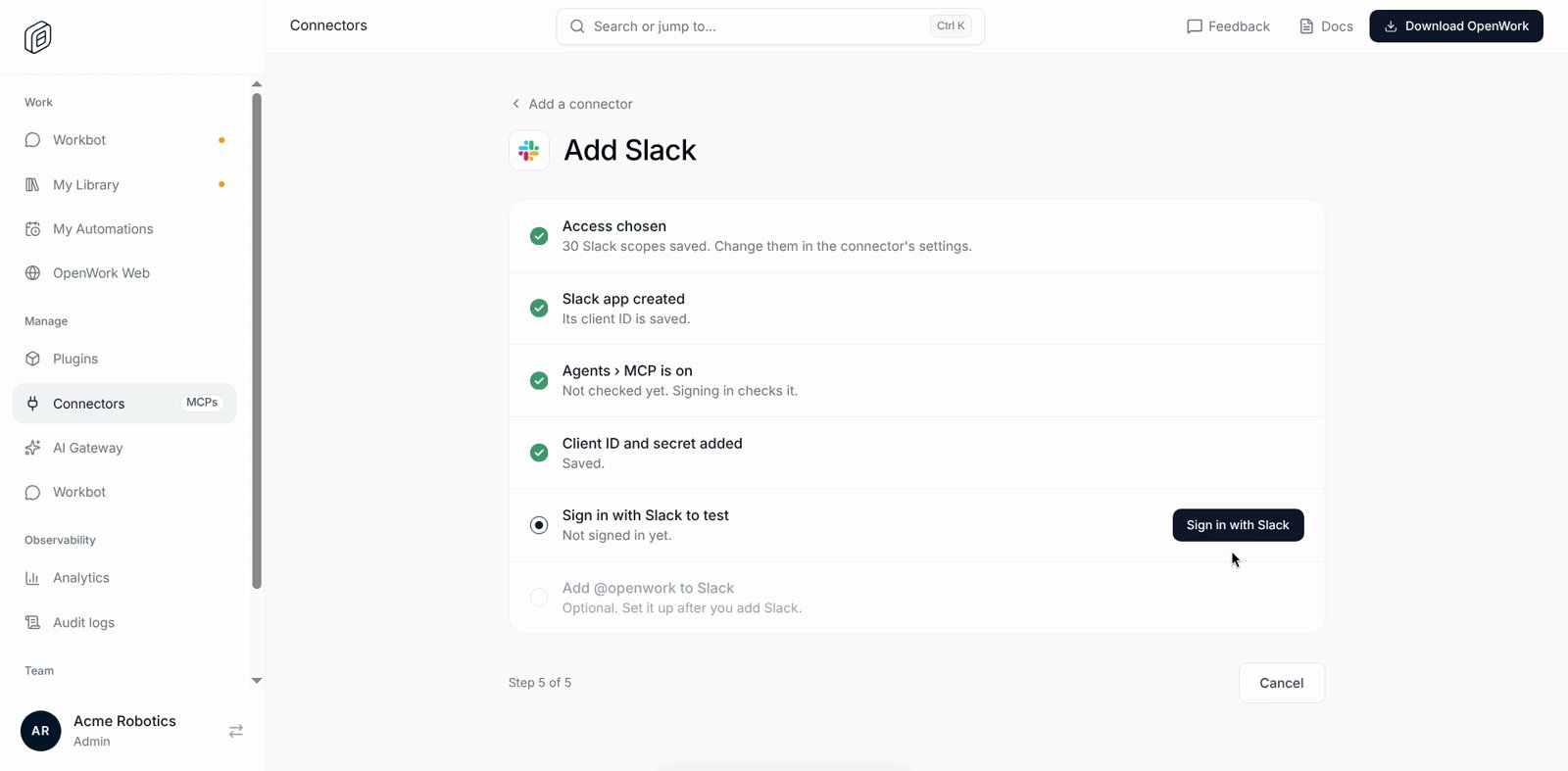 The checklist with every step done except Sign in with Slack