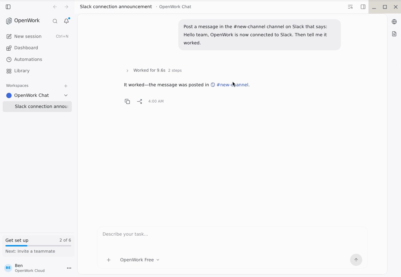 OpenWork posting a message in Slack