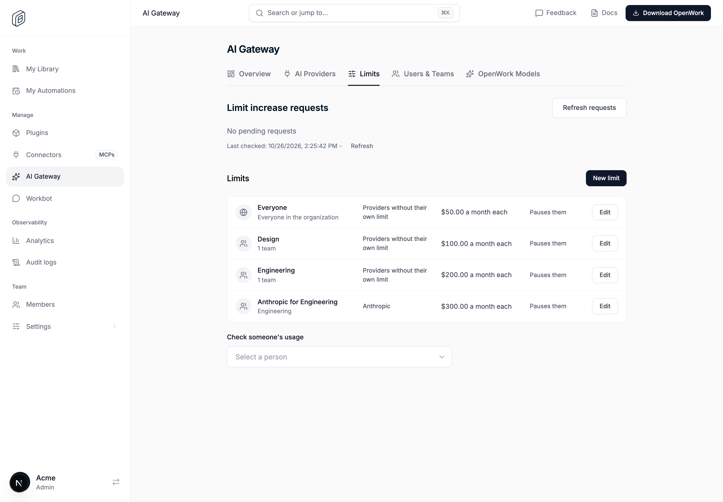 The Limits tab listing Engineering, Everyone, Design and Anthropic for Engineering limits
