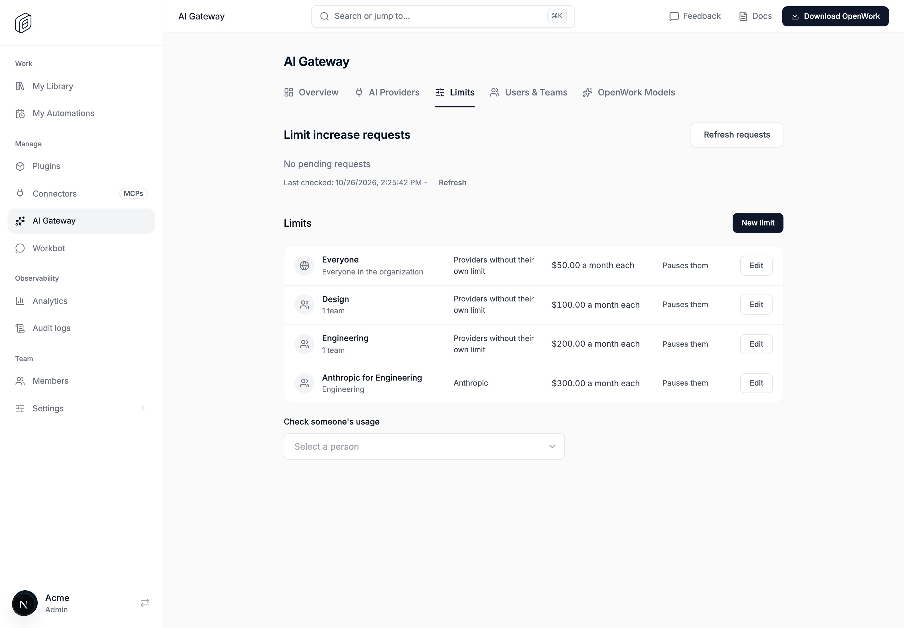 The Limits tab listing Engineering, Everyone, Design and Anthropic for Engineering limits
