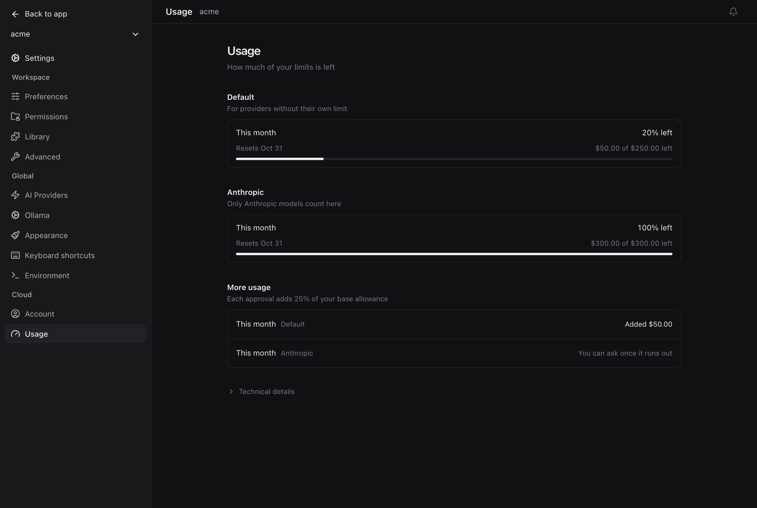 The desktop Usage settings showing $50 of $250 left this month and Added $50.00