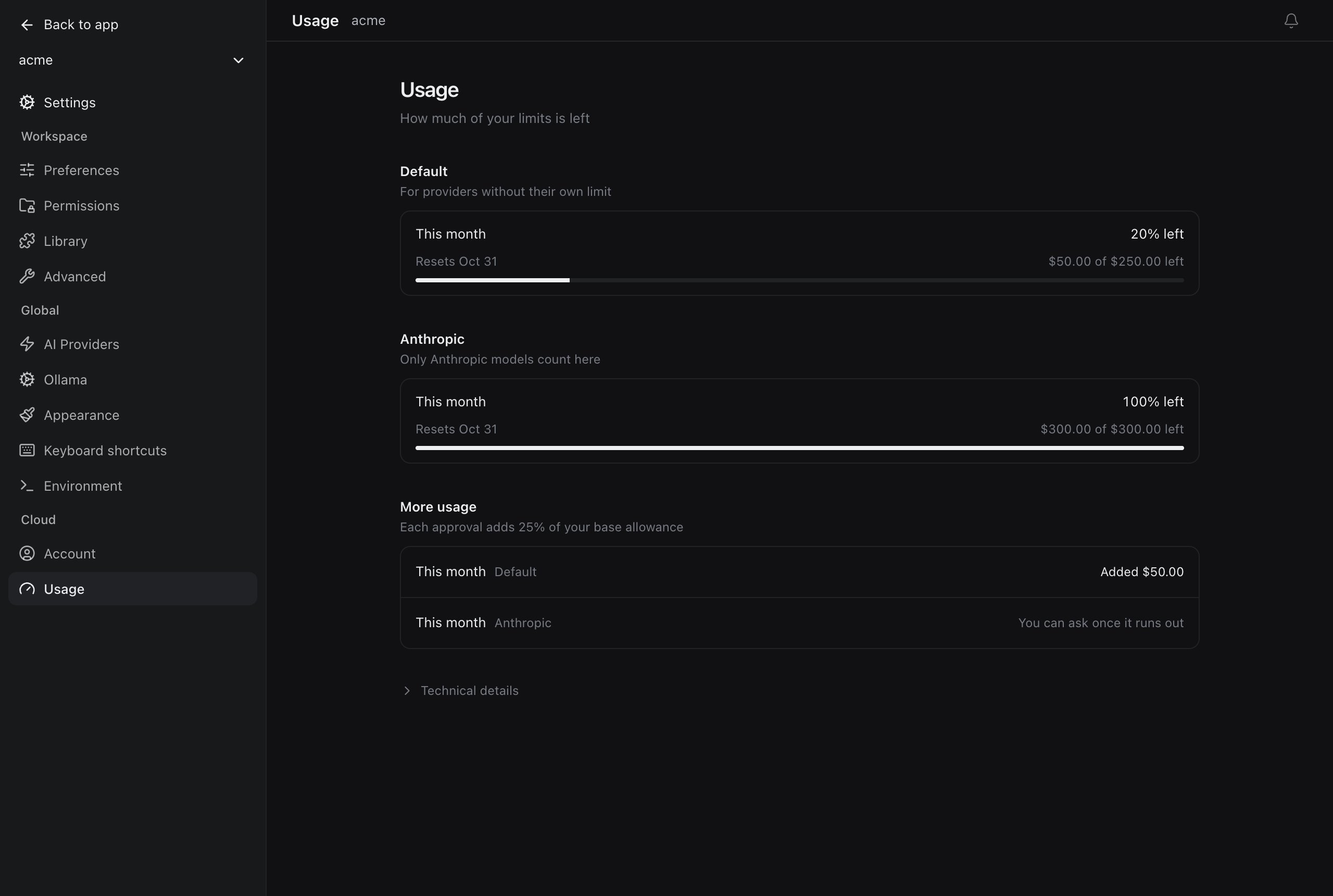 The desktop Usage settings showing $50 of $250 left this month and Added $50.00