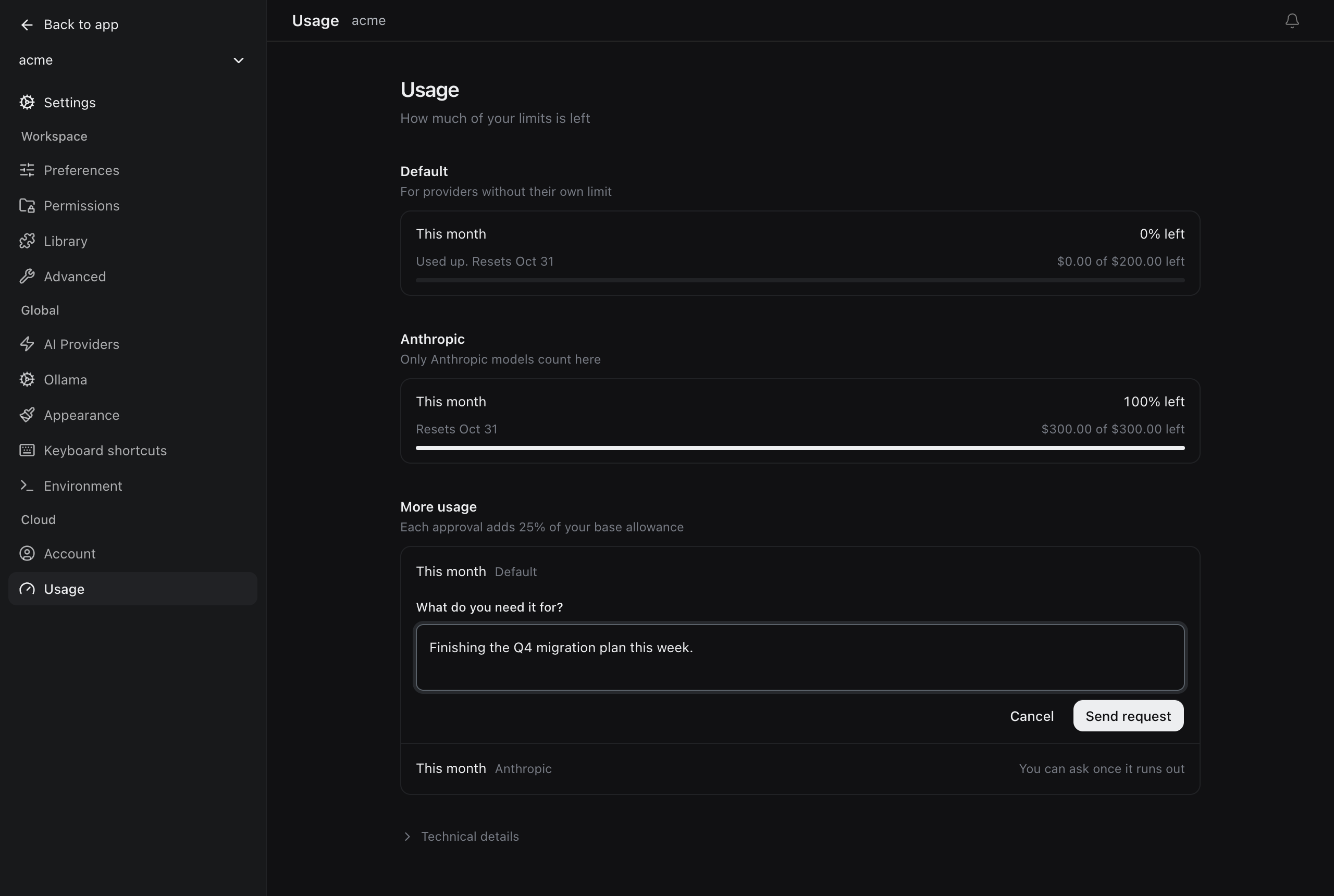The desktop Usage settings with the default monthly limit used up and a request form asking what the extra usage is for
