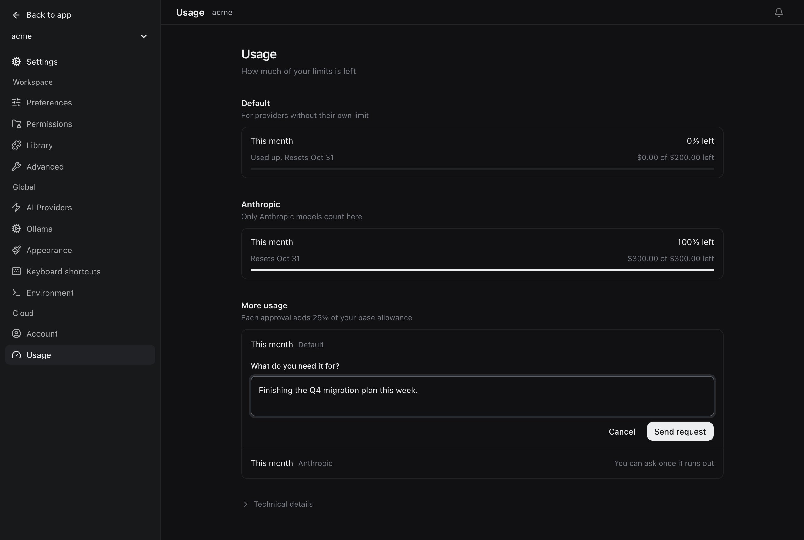 The desktop Usage settings with the default monthly limit used up and a request form asking what the extra usage is for
