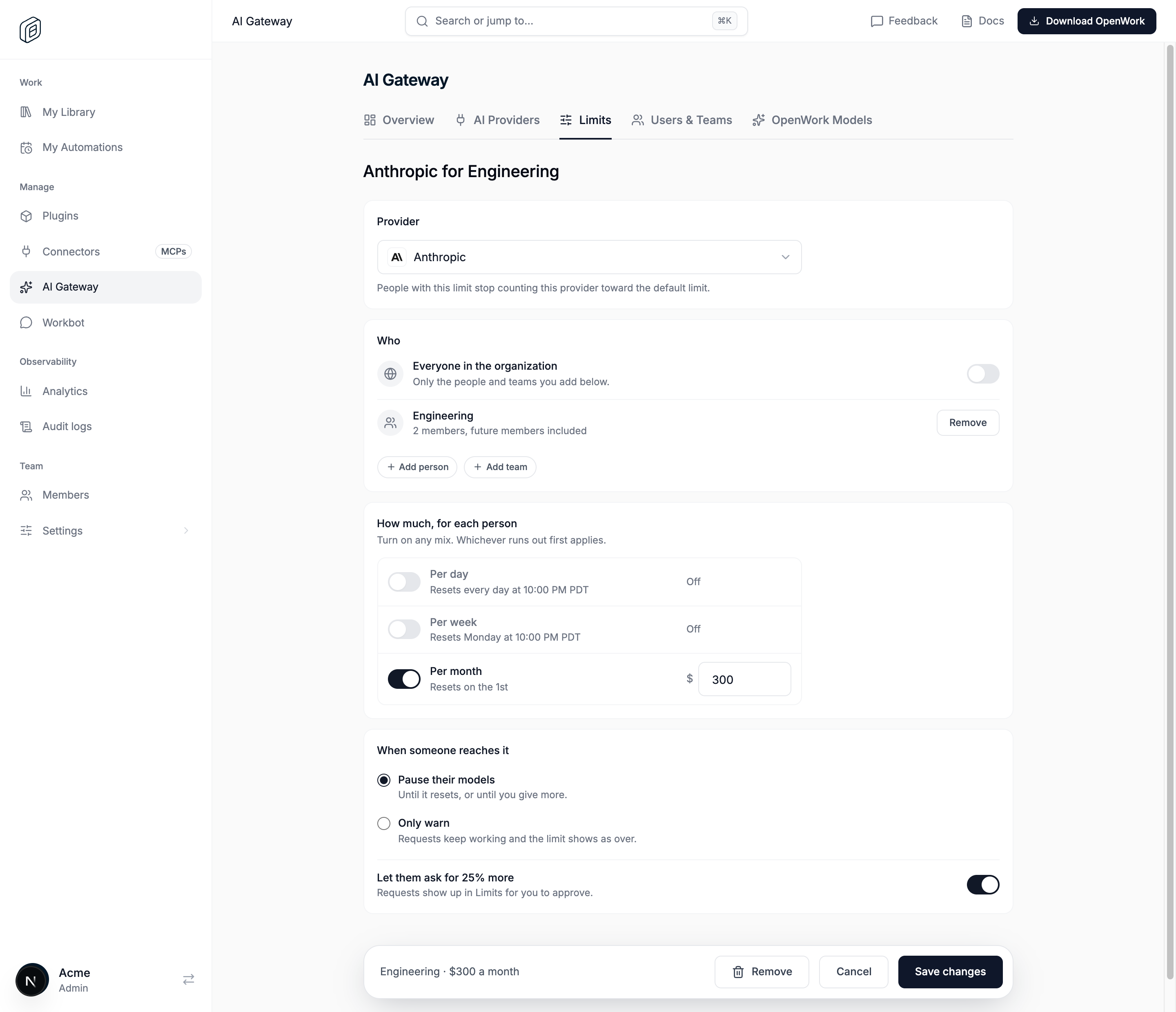 The limit editor with Provider set to Anthropic and a $300 monthly amount for the Engineering team